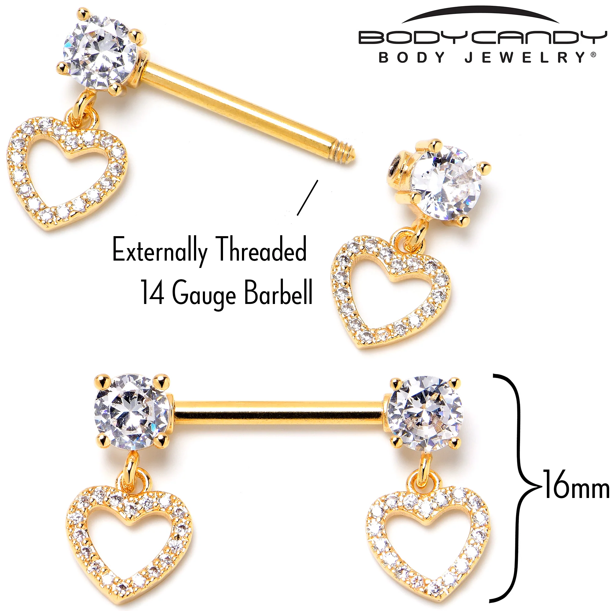 14G 9/16 Clear CZ Gem Gold Tone Paved Heart Dangle Nipple Ring Set - Image 5