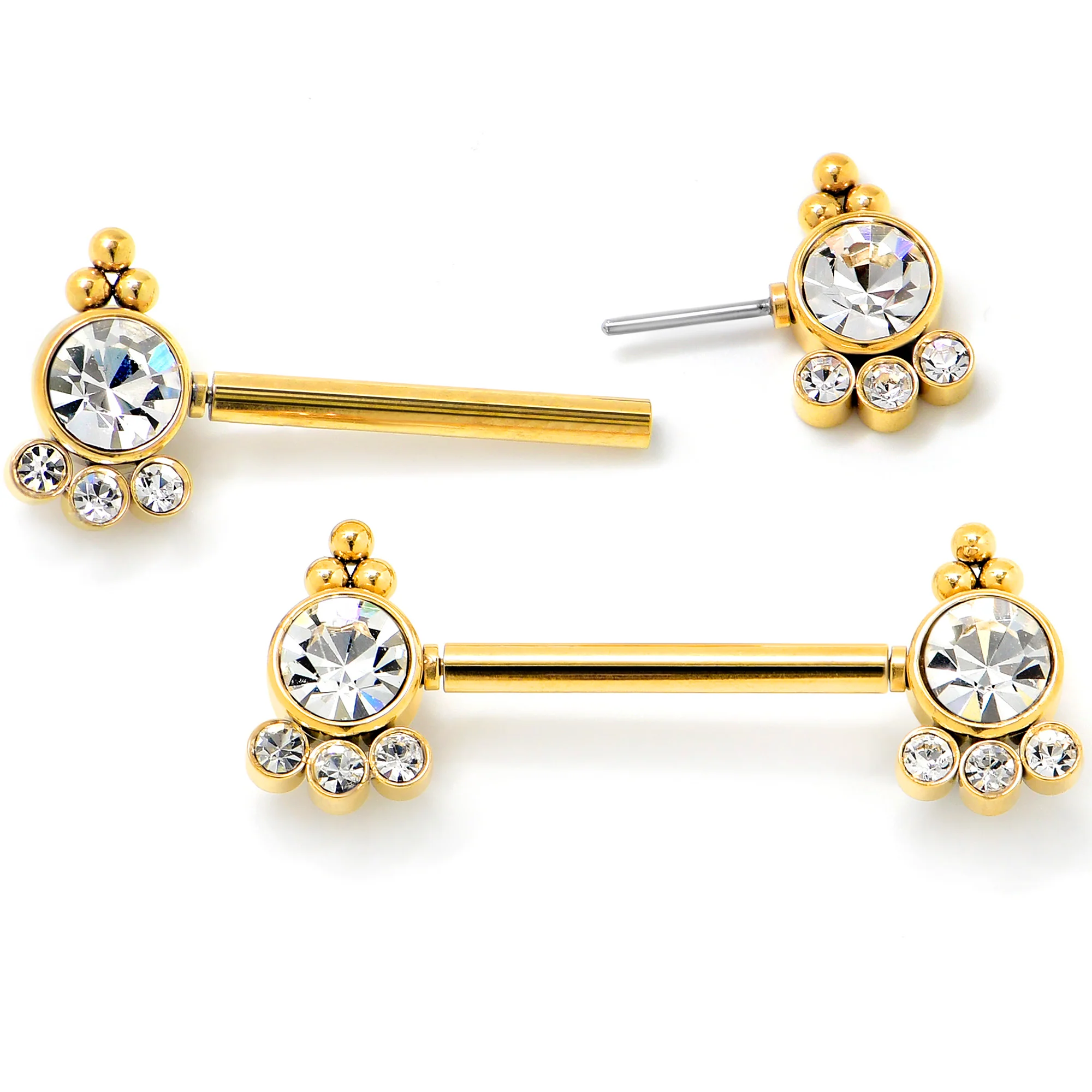 14G 9/16 Clear CZ Gem Gold Tone Style Threadless Nipple Ring Set - Image 2