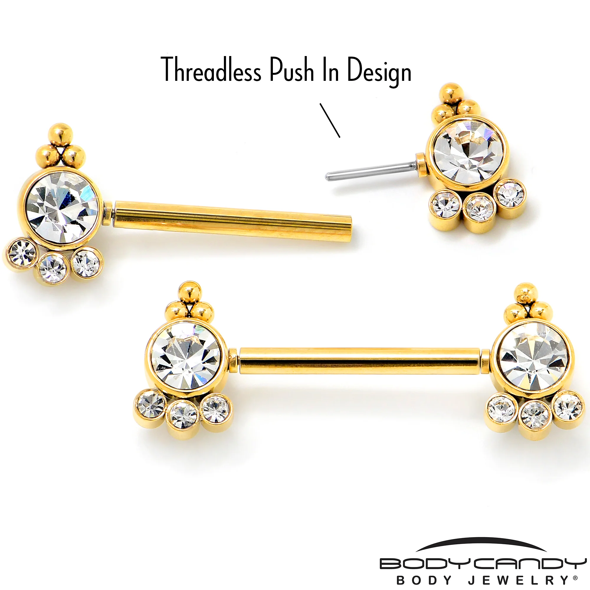 14G 9/16 Clear CZ Gem Gold Tone Style Threadless Nipple Ring Set - Image 3