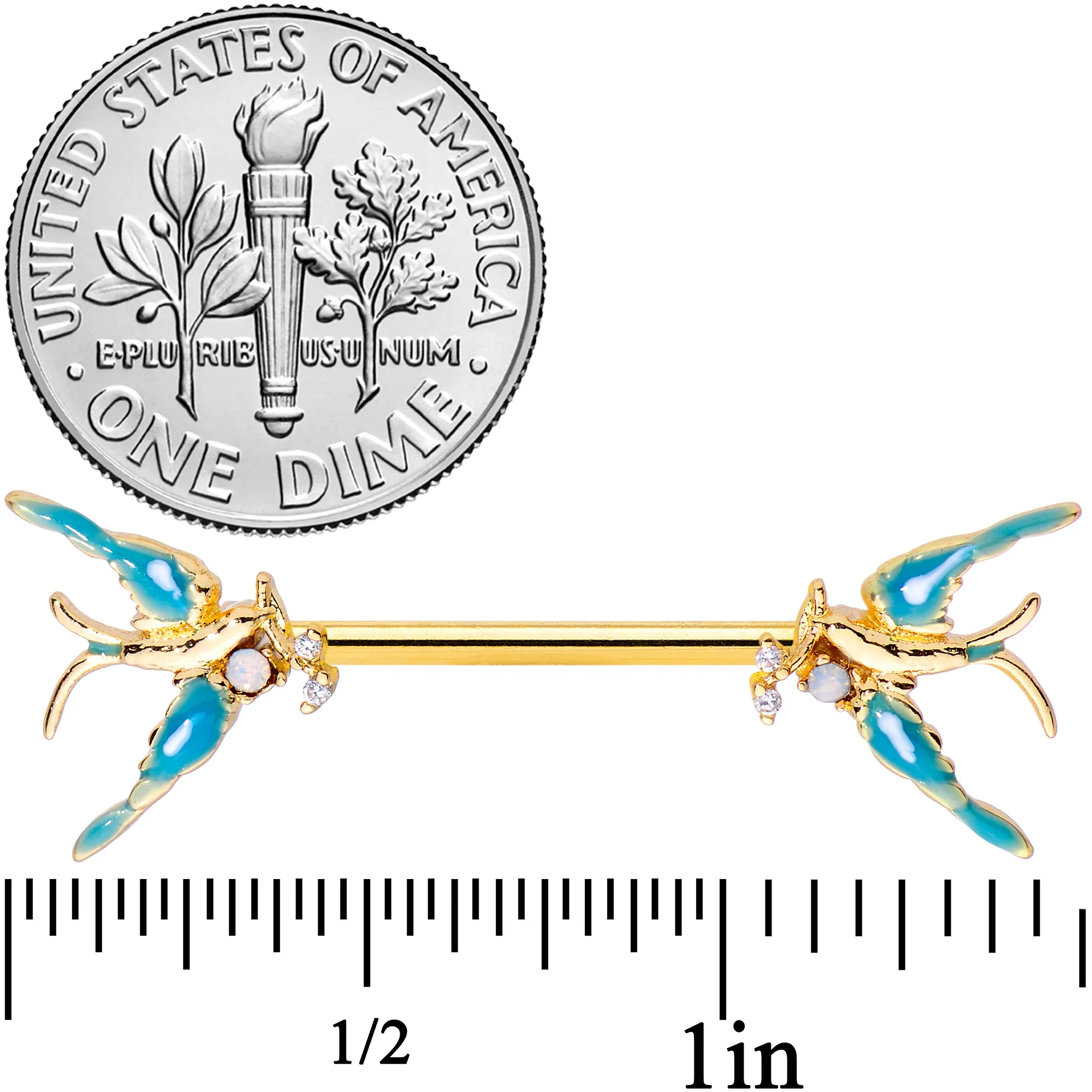 14G 9/16 Clear CZ Gem Gold Tone Swallow Bird Nipple Ring Set - Image 2