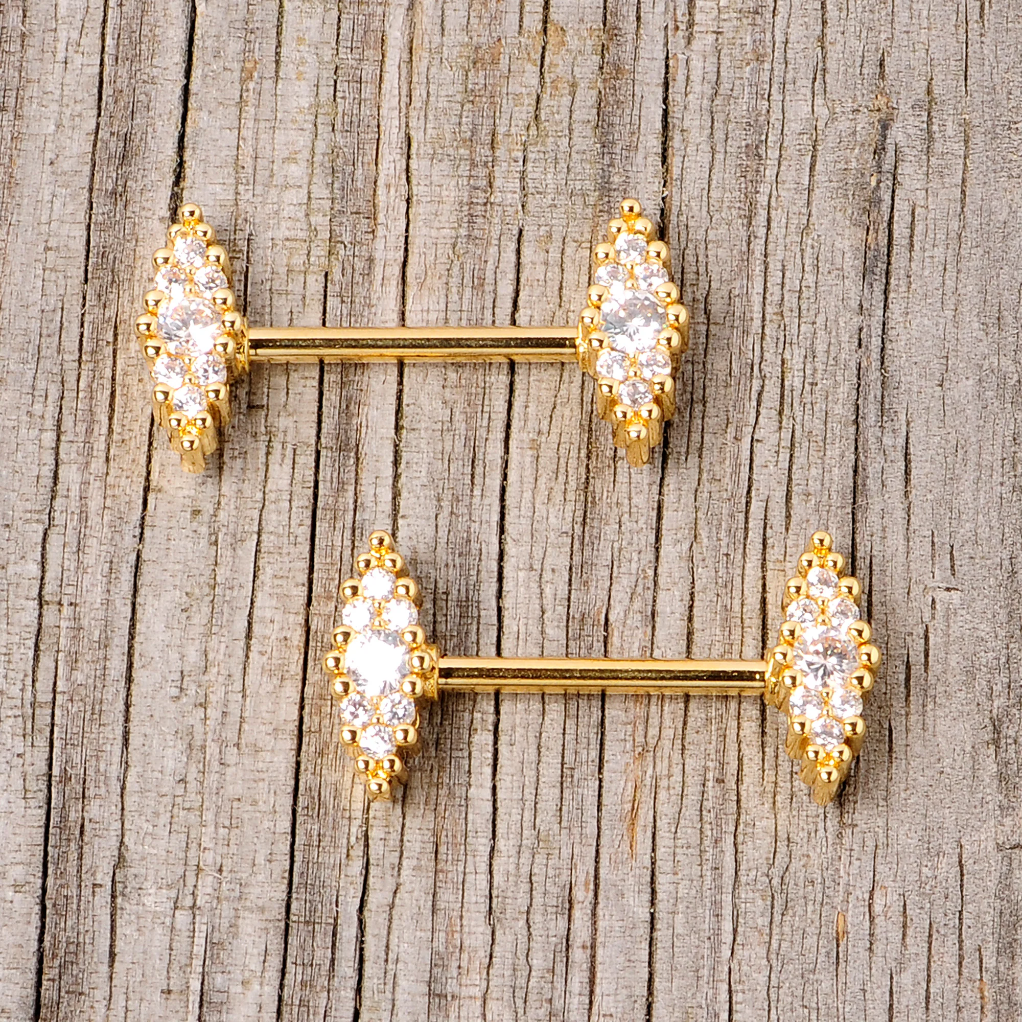 14G 9/16 Clear CZ Gem Gold Tone Texture Barbell Nipple Ring Set - Image 3