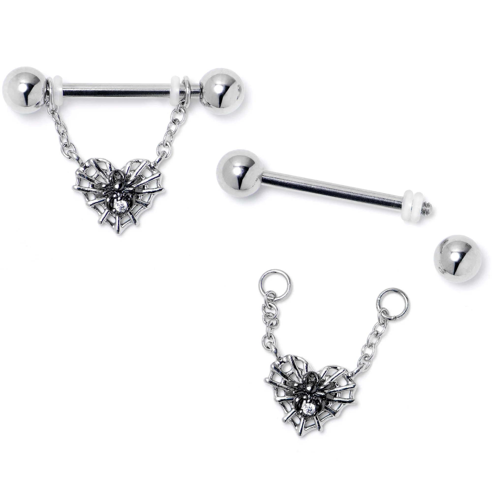14G 9/16 Clear CZ Gem Heart of Spider Chain Dangle Nipple Ring Set - Image 2