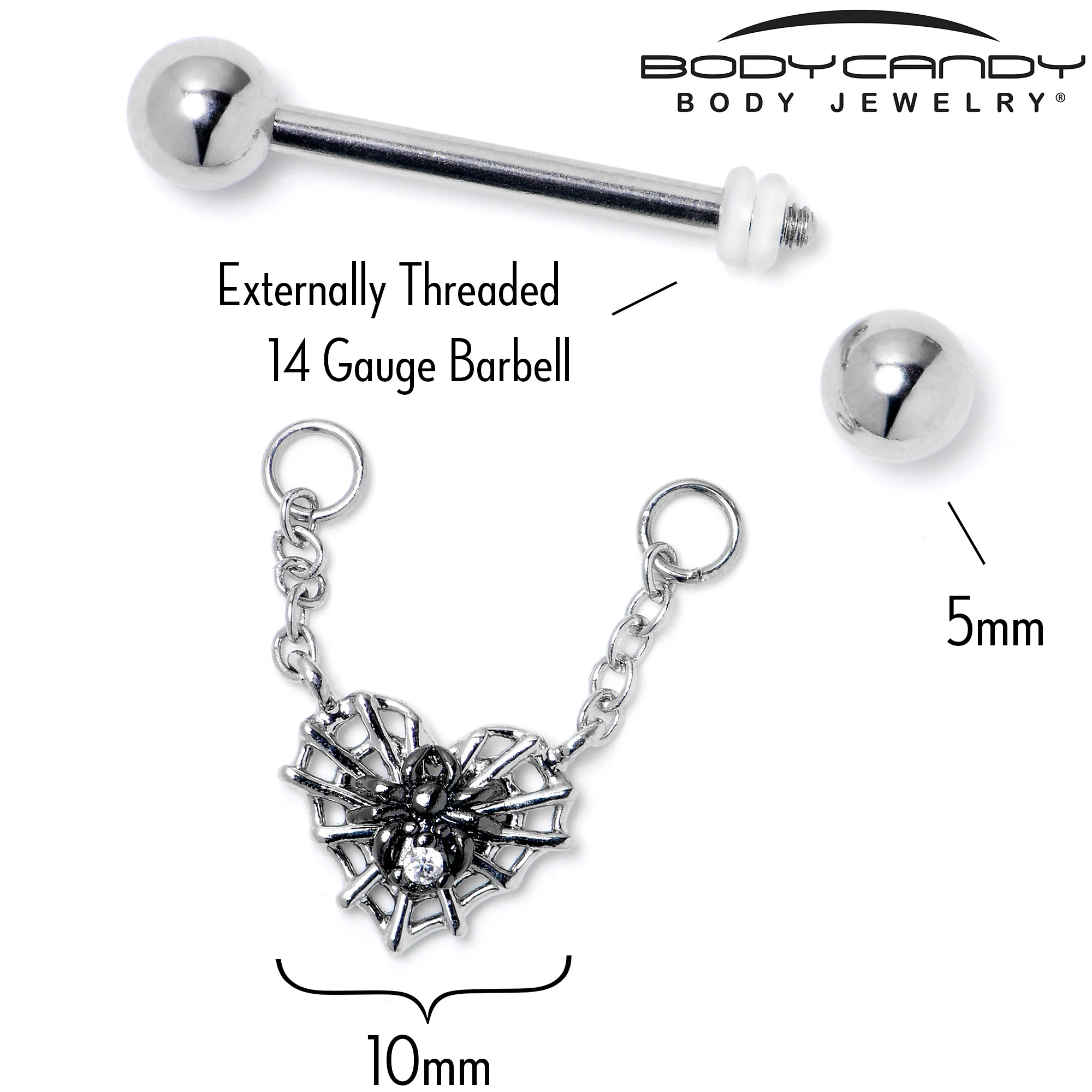 14G 9/16 Clear CZ Gem Heart of Spider Chain Dangle Nipple Ring Set - Image 3