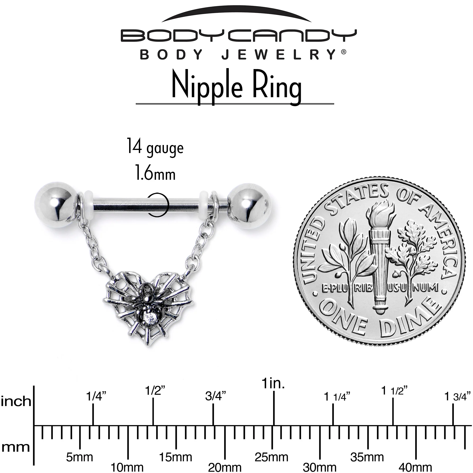 14G 9/16 Clear CZ Gem Heart of Spider Chain Dangle Nipple Ring Set - Image 4