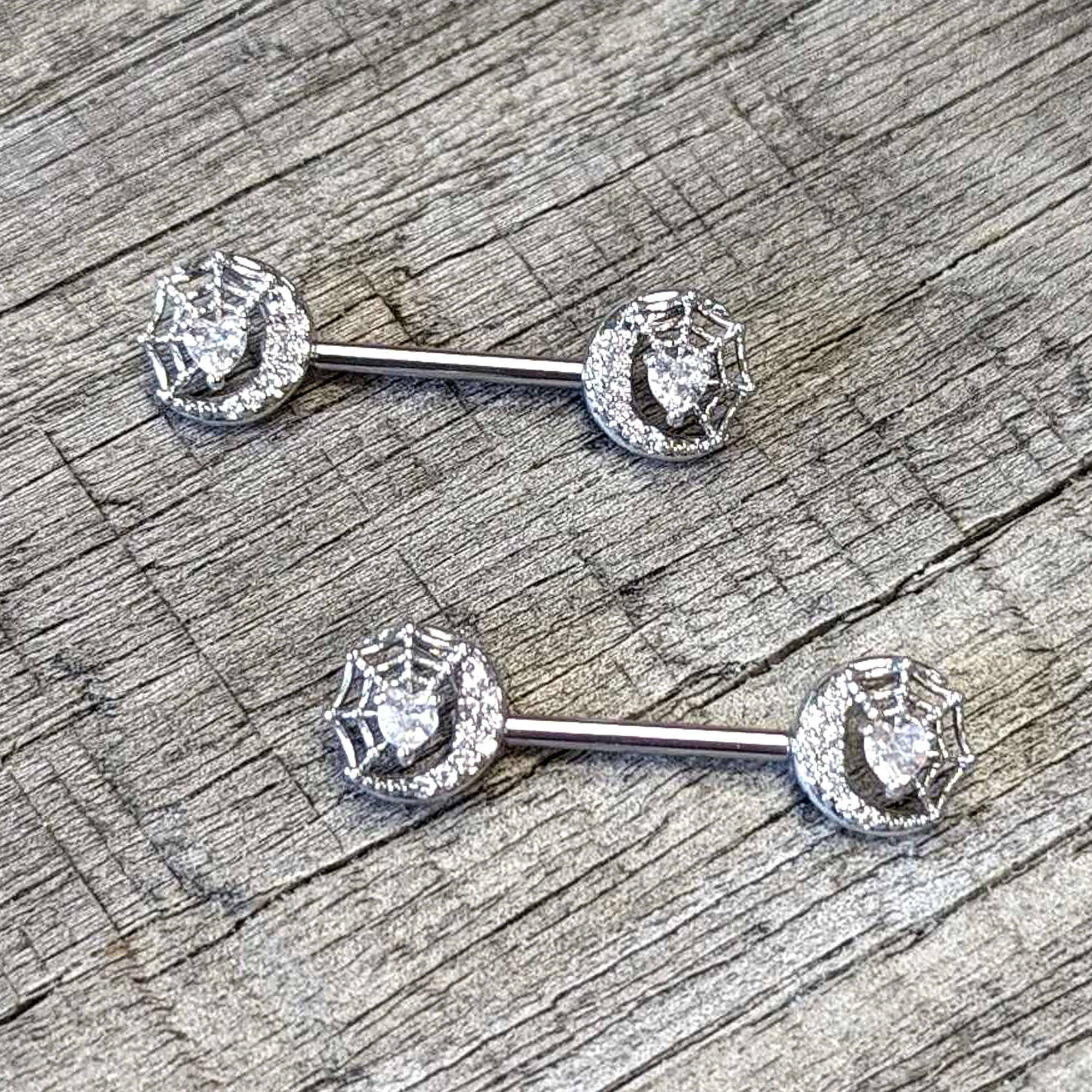 14G 9/16 Clear CZ Gem Heart Web Moon Barbell Nipple Ring Set - Image 4