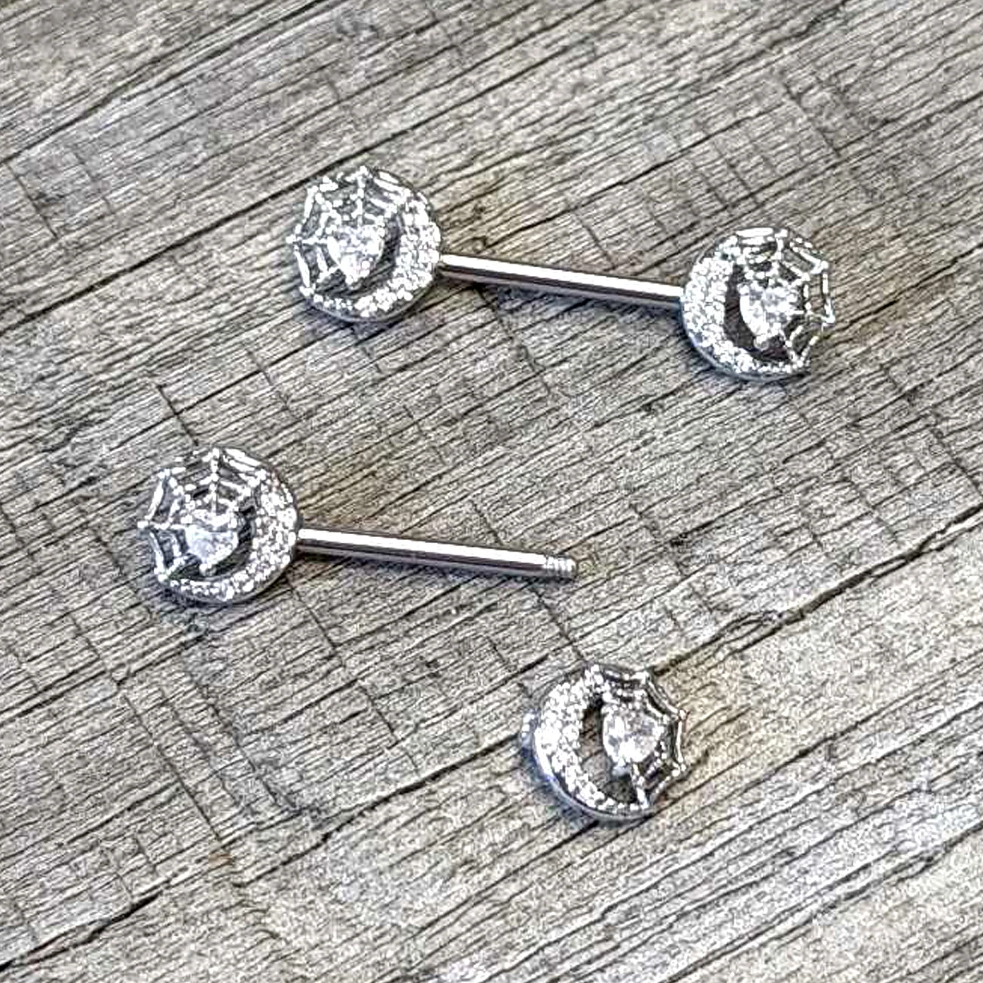 14G 9/16 Clear CZ Gem Heart Web Moon Barbell Nipple Ring Set - Image 5