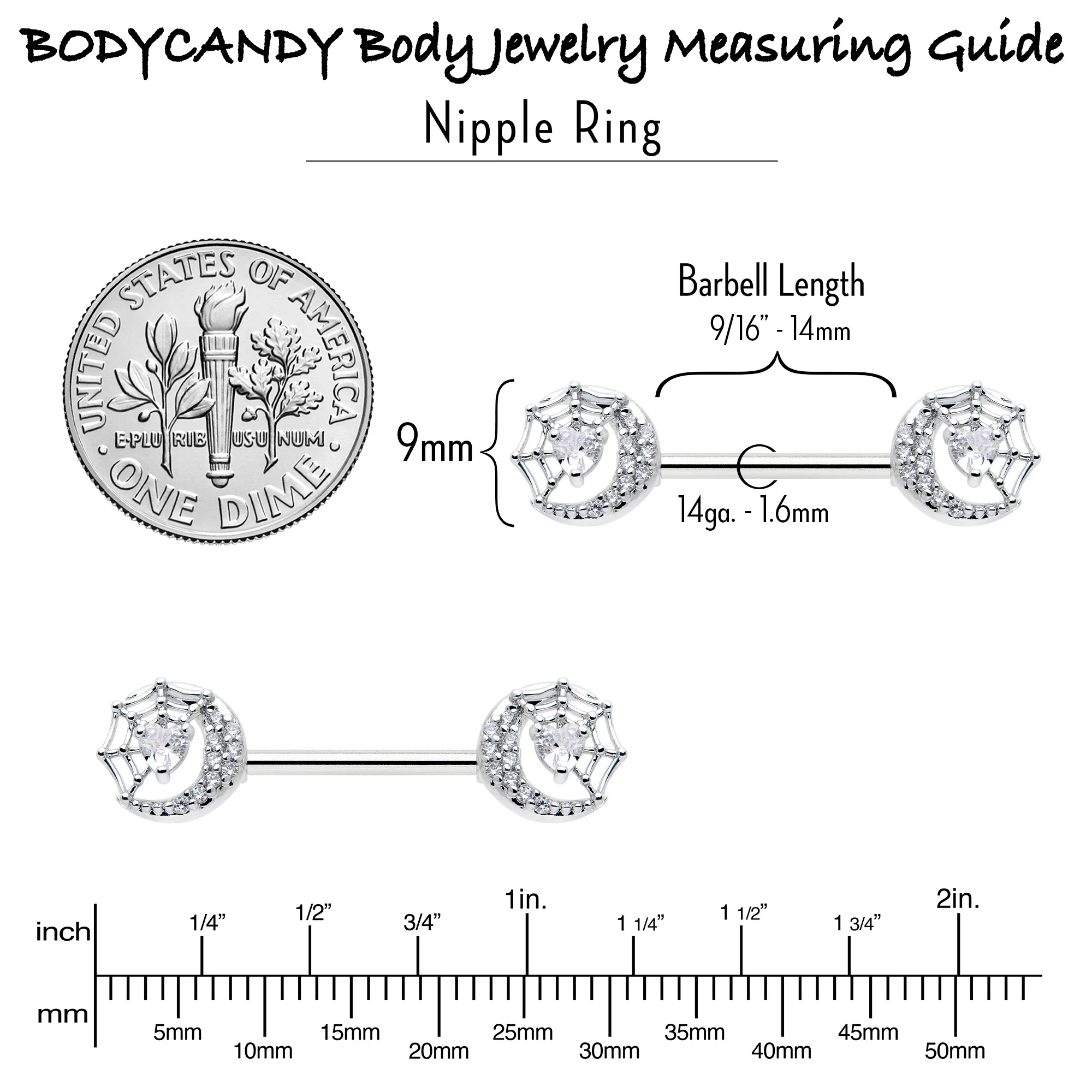 14G 9/16 Clear CZ Gem Heart Web Moon Barbell Nipple Ring Set - Image 6