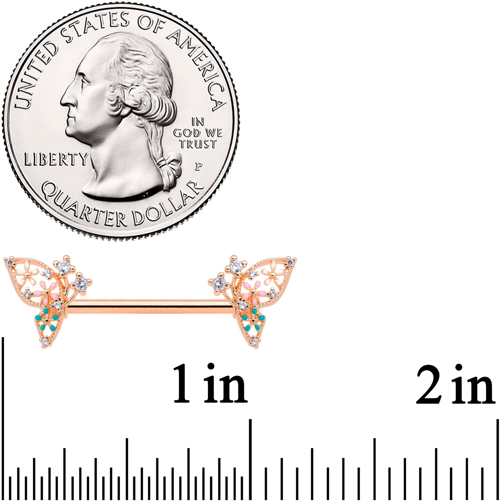 14G 9/16 Clear CZ Gem Rose Gold Hue Butterfly Nipple Ring Set - Image 2
