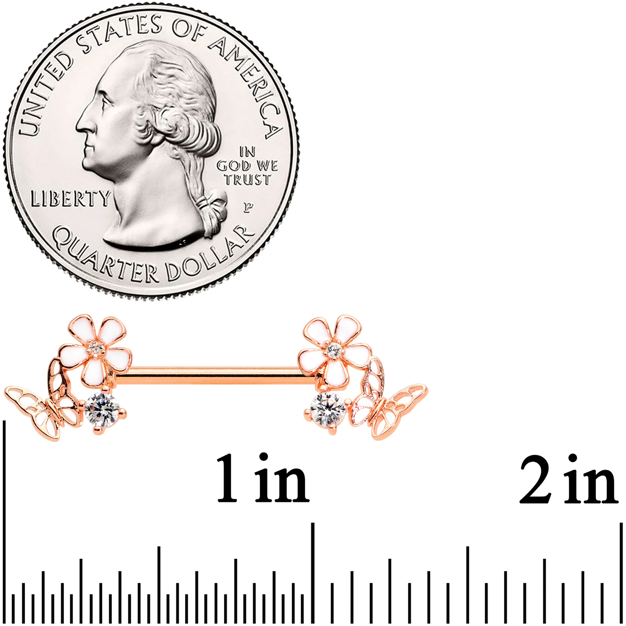 14G 9/16 Clear CZ Gem Rose Gold Tone Butterfly Nipple Ring Set - Image 2