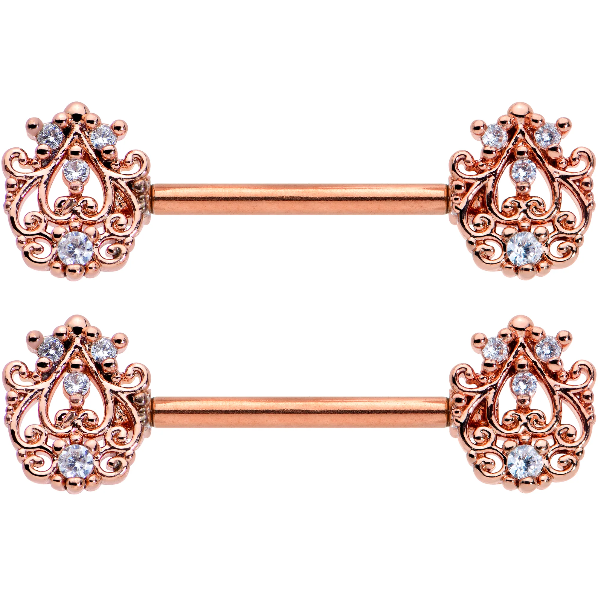 14G 9/16 Clear CZ Gem Rose Gold Tone Elegant Nipple Ring Set - Image 2