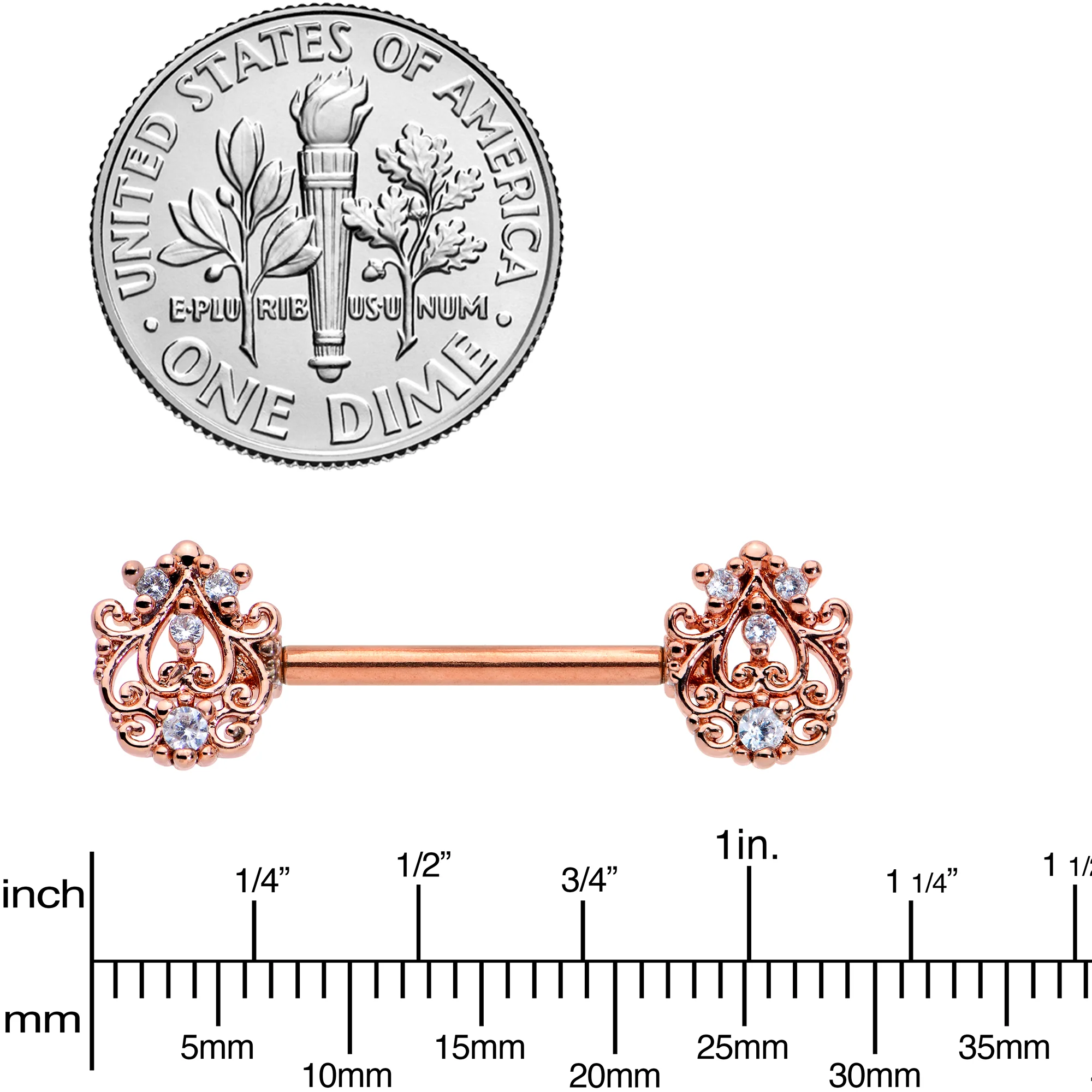 14G 9/16 Clear CZ Gem Rose Gold Tone Elegant Nipple Ring Set - Image 3