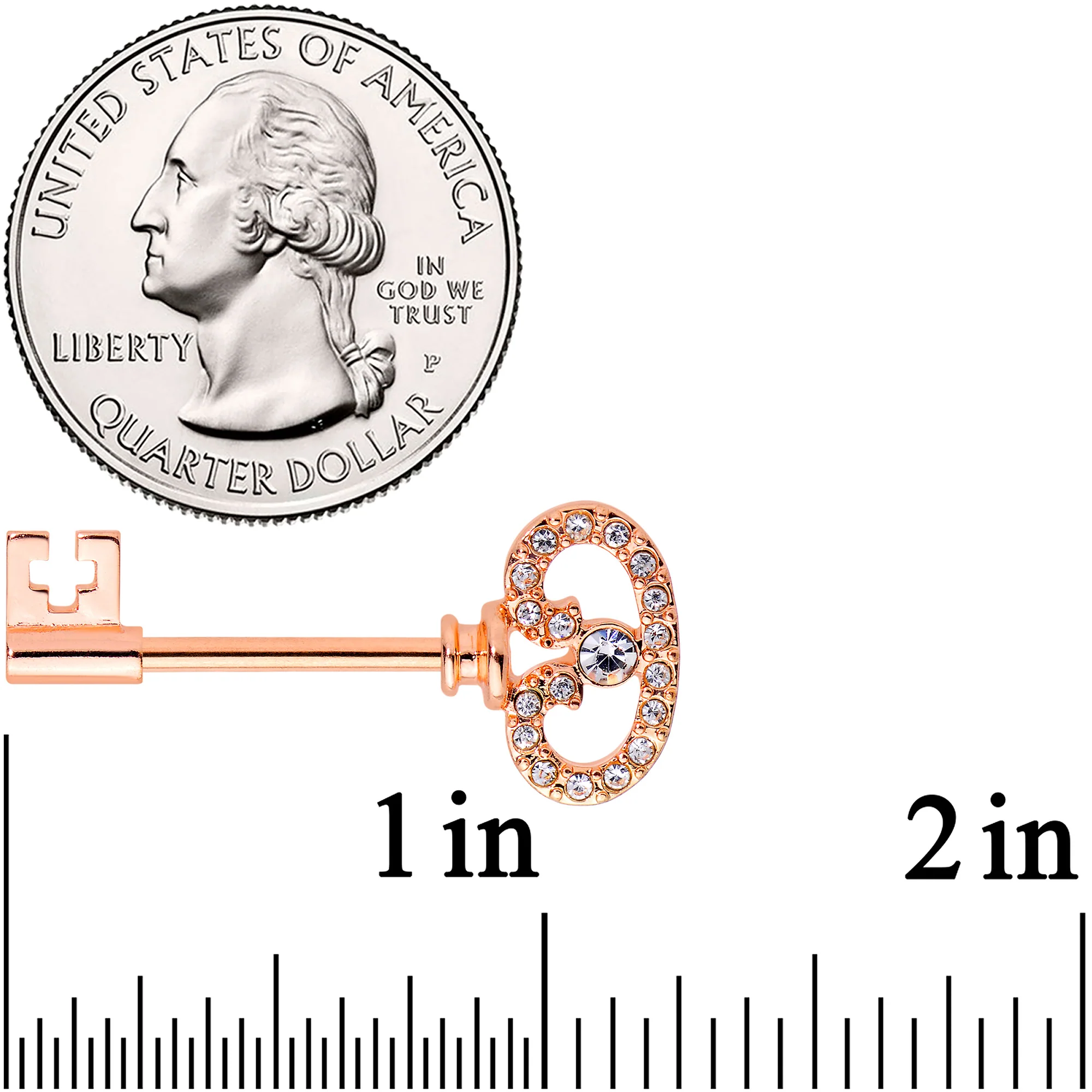 14G 9/16 Clear CZ Gem Rose Gold Tone Key Nipple Ring Set - Image 2