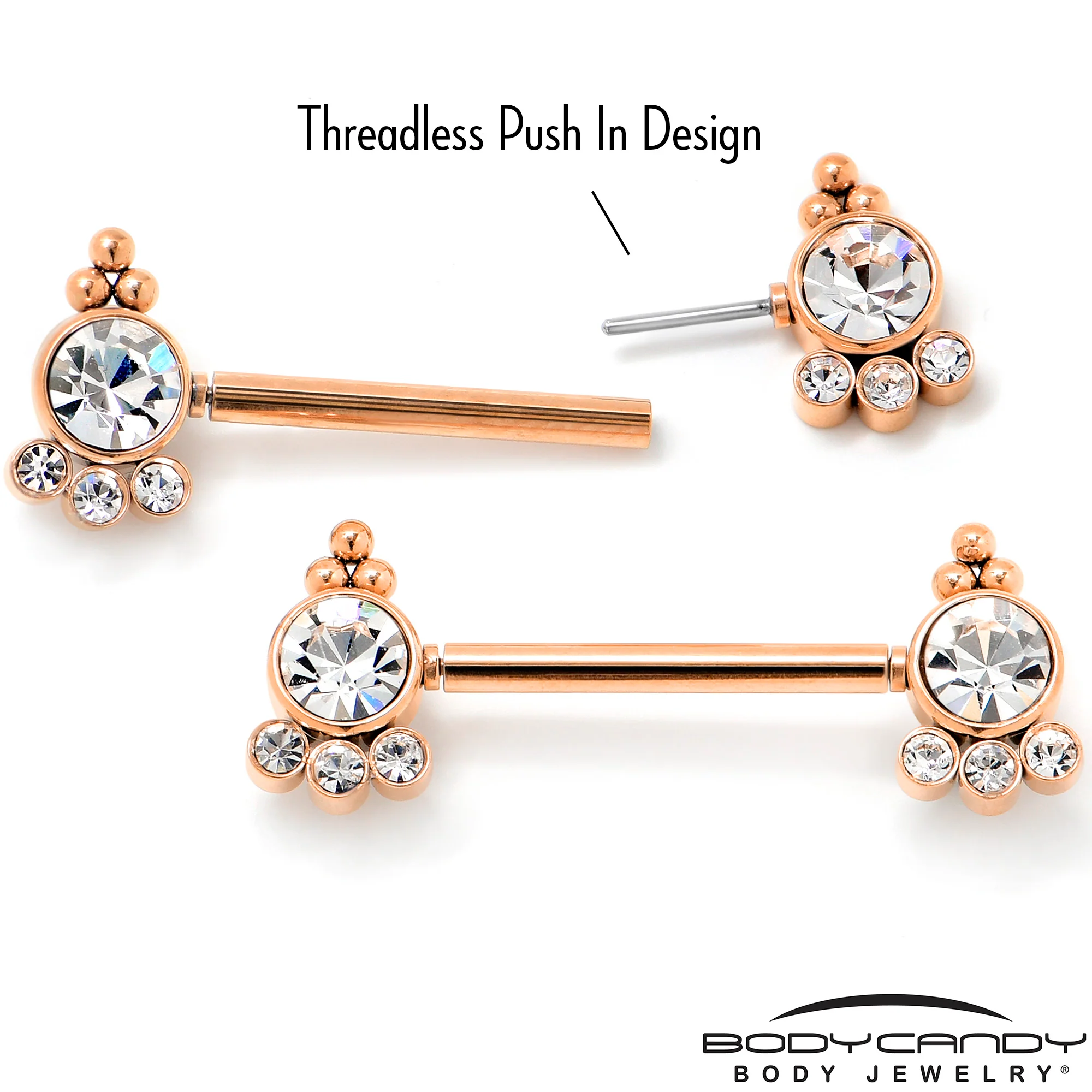 14G 9/16 Clear CZ Gem Rose Gold Tone Style Threadless Nipple Ring Set - Image 3