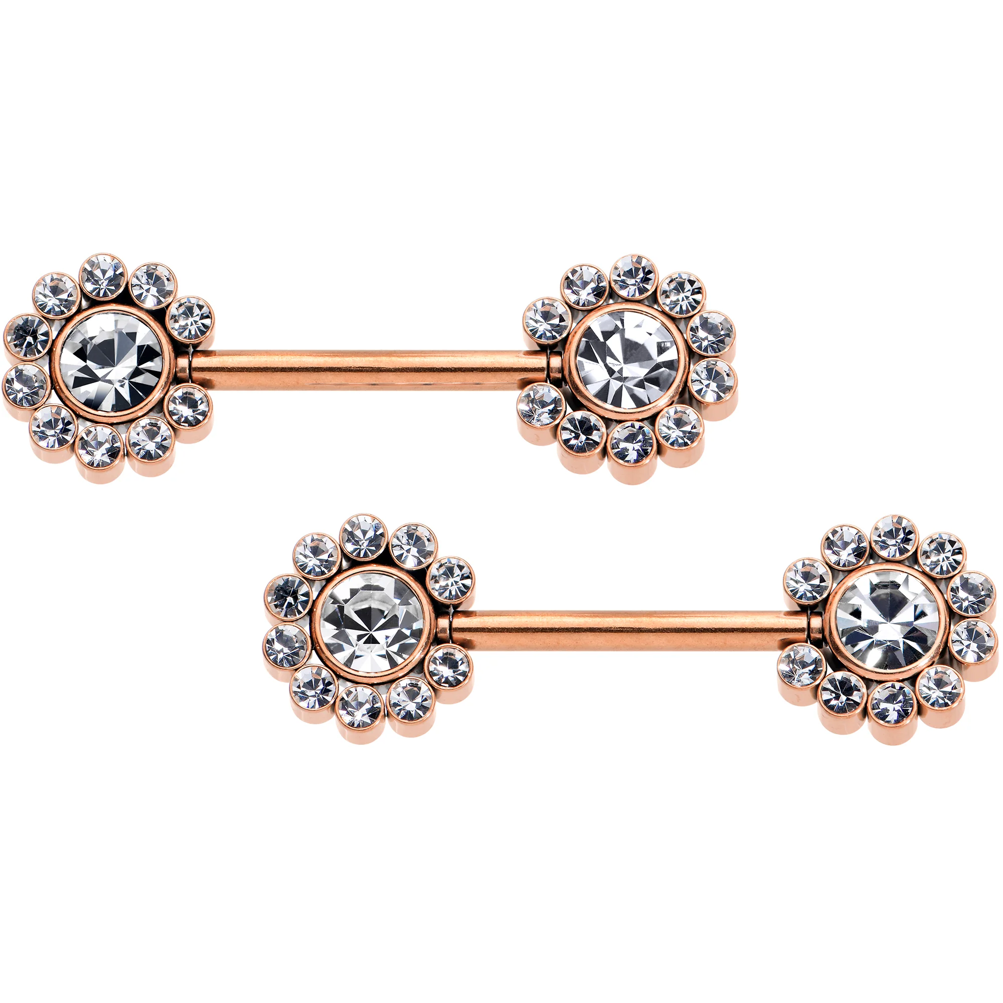14G 9/16 Clear CZ Gem Rosy Tone Flower Threadless Nipple Ring Set - Image 2