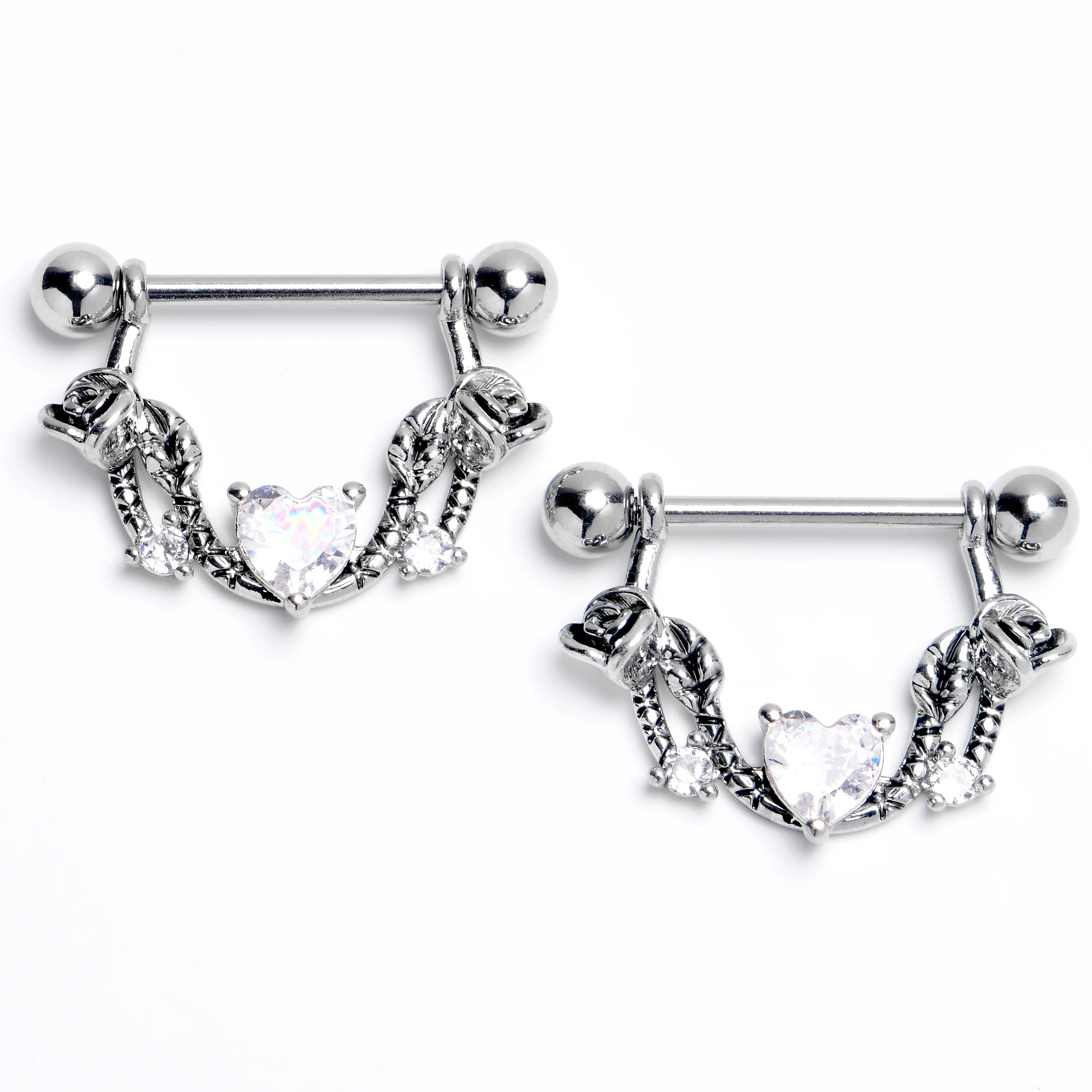 14G 9/16 Clear CZ Gem Serpentine Hearts Dangle Nipple Ring Set