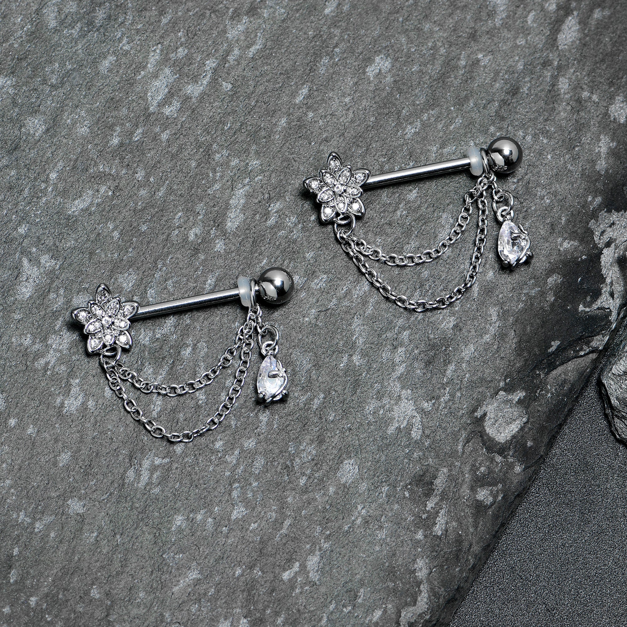 14G 9/16 Clear CZ Gem Snowflake Flower Chain Dangle Nipple Ring Set - Image 3