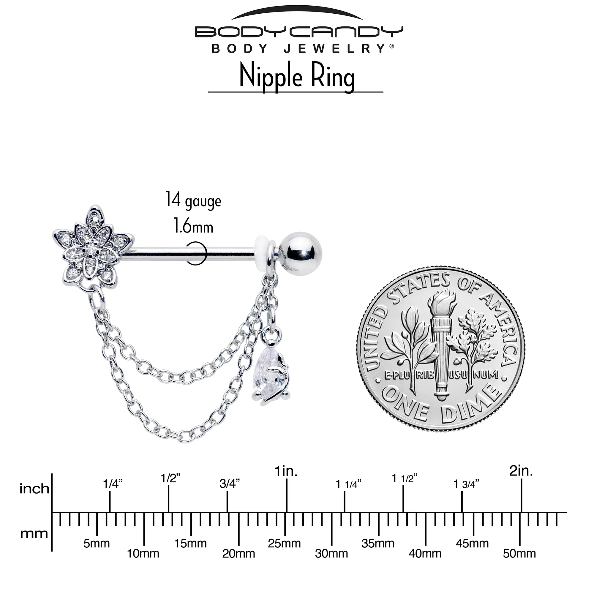 14G 9/16 Clear CZ Gem Snowflake Flower Chain Dangle Nipple Ring Set - Image 4
