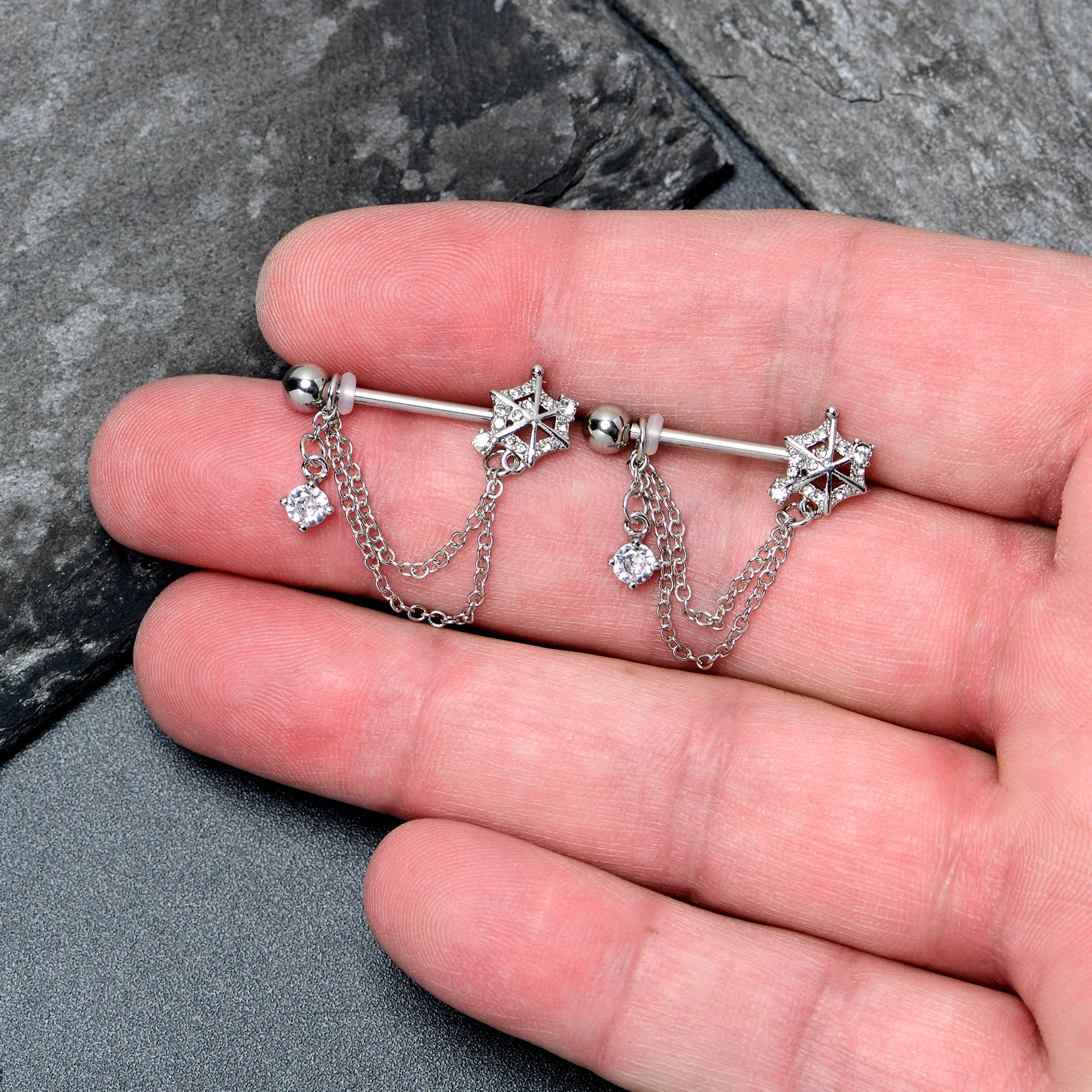 14G 9/16 Clear CZ Gem Spiderweb Chain Dangle Nipple Ring Set - Image 2