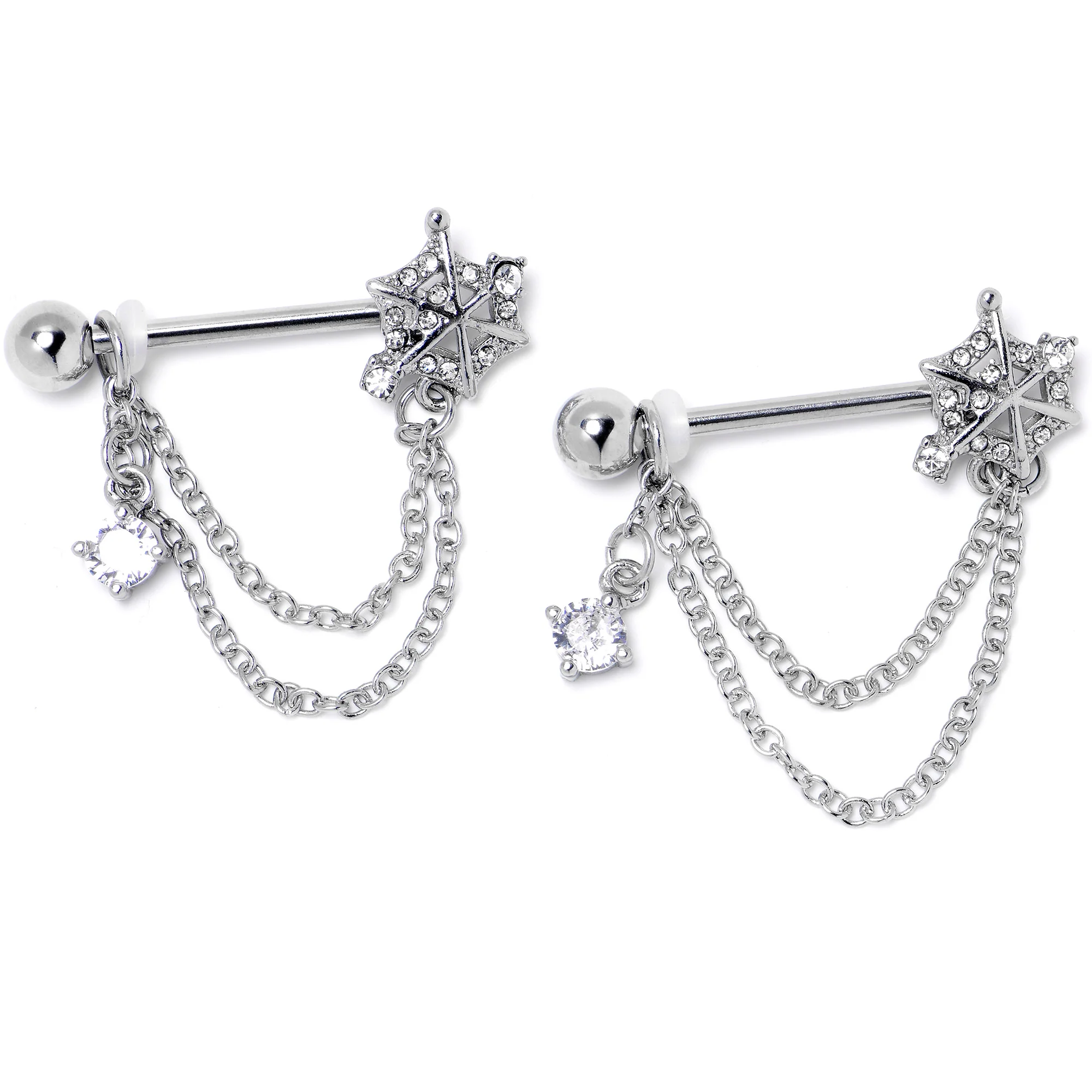 14G 9/16 Clear CZ Gem Spiderweb Chain Dangle Nipple Ring Set - Image 3