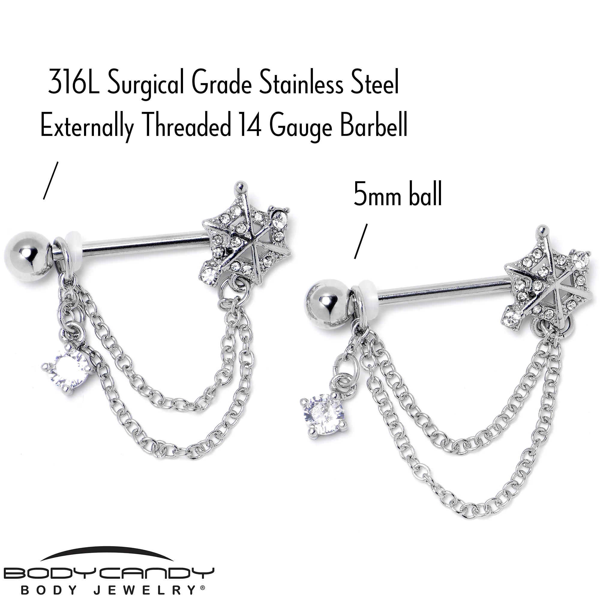 14G 9/16 Clear CZ Gem Spiderweb Chain Dangle Nipple Ring Set - Image 4