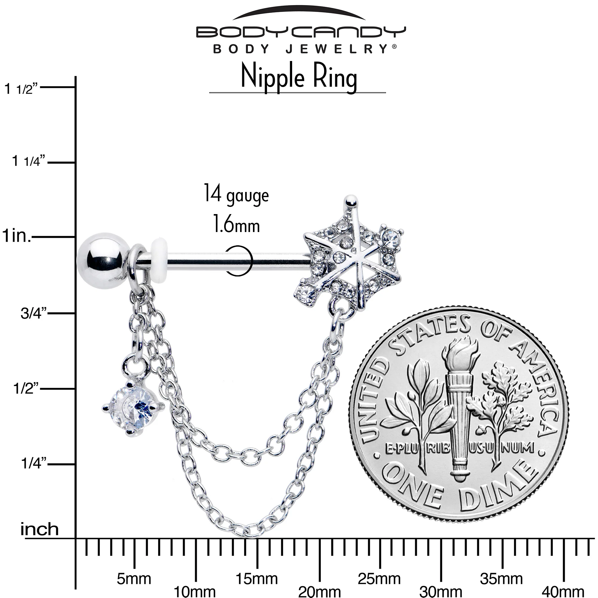 14G 9/16 Clear CZ Gem Spiderweb Chain Dangle Nipple Ring Set - Image 5