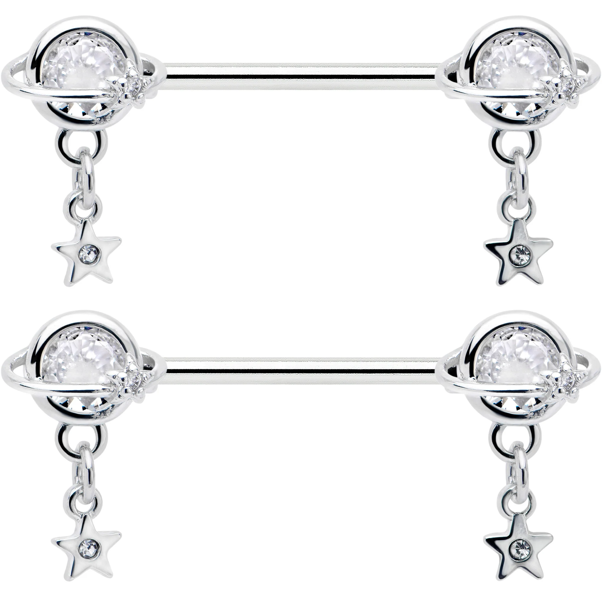 14G 9/16 Clear CZ Gem Starry Saturn Dangle Nipple Ring Set - Image 2