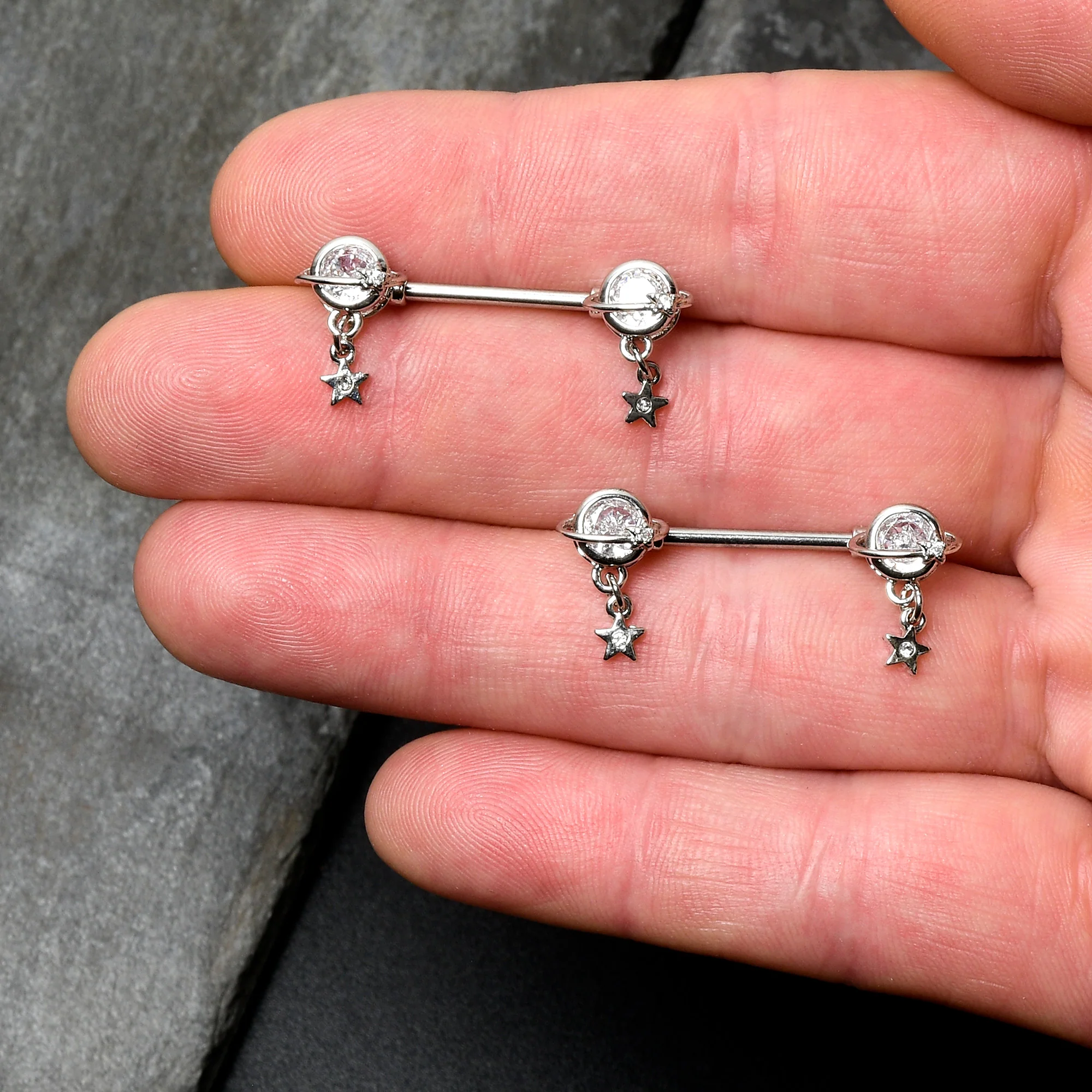 14G 9/16 Clear CZ Gem Starry Saturn Dangle Nipple Ring Set - Image 3