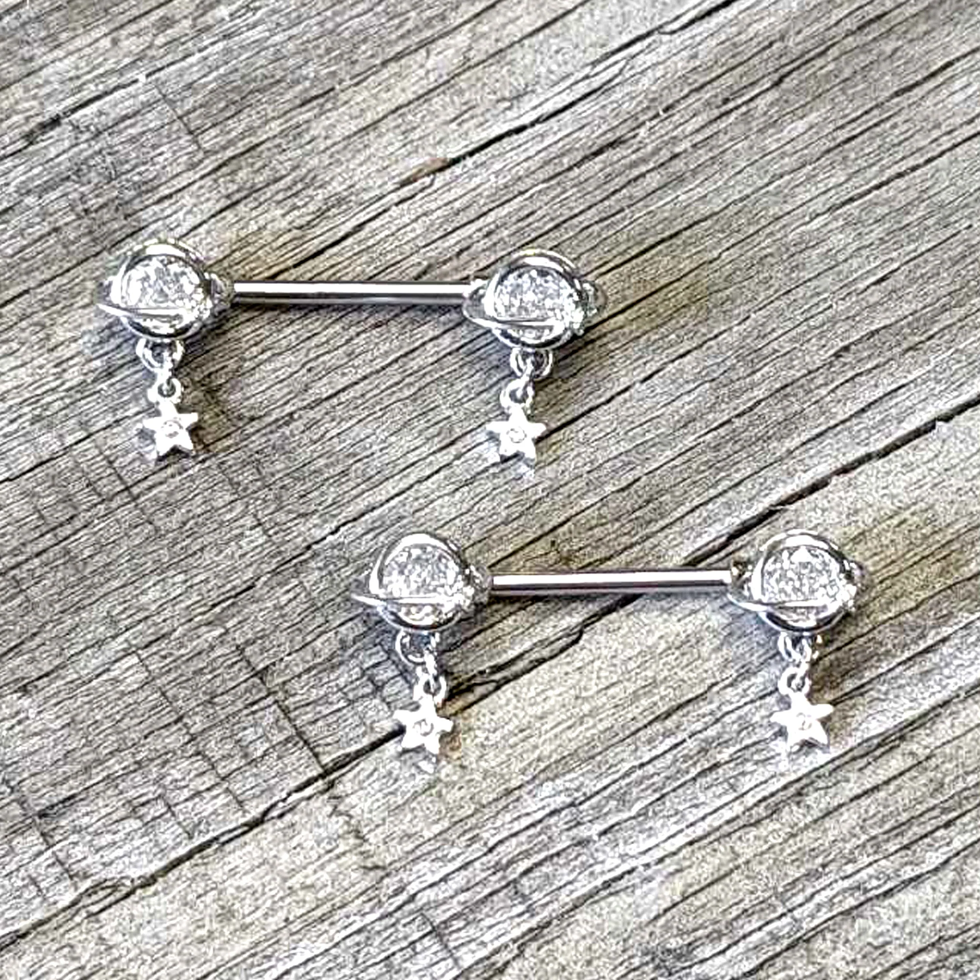 14G 9/16 Clear CZ Gem Starry Saturn Dangle Nipple Ring Set - Image 4