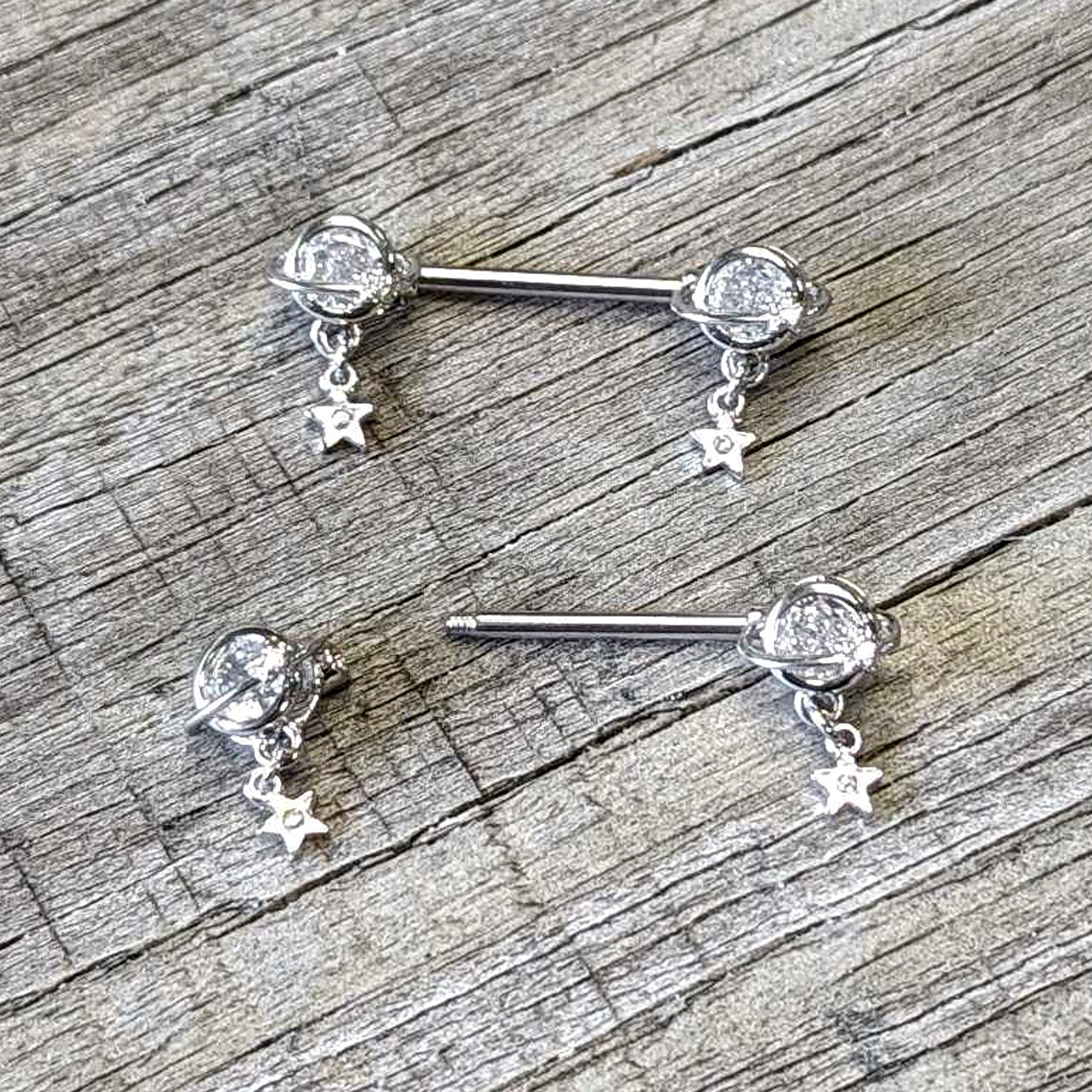 14G 9/16 Clear CZ Gem Starry Saturn Dangle Nipple Ring Set - Image 5