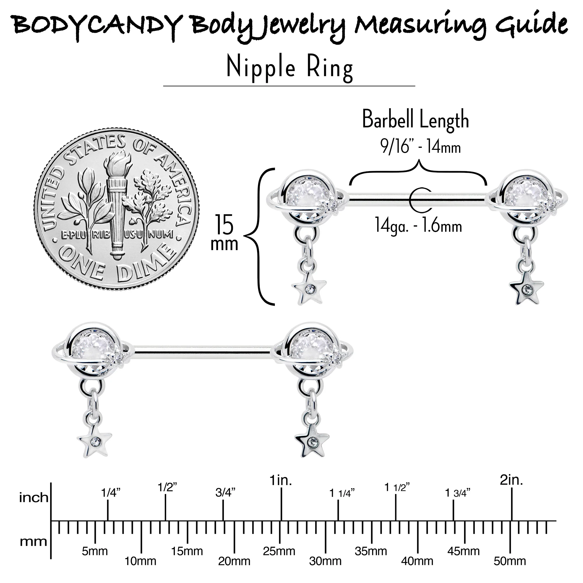 14G 9/16 Clear CZ Gem Starry Saturn Dangle Nipple Ring Set - Image 6