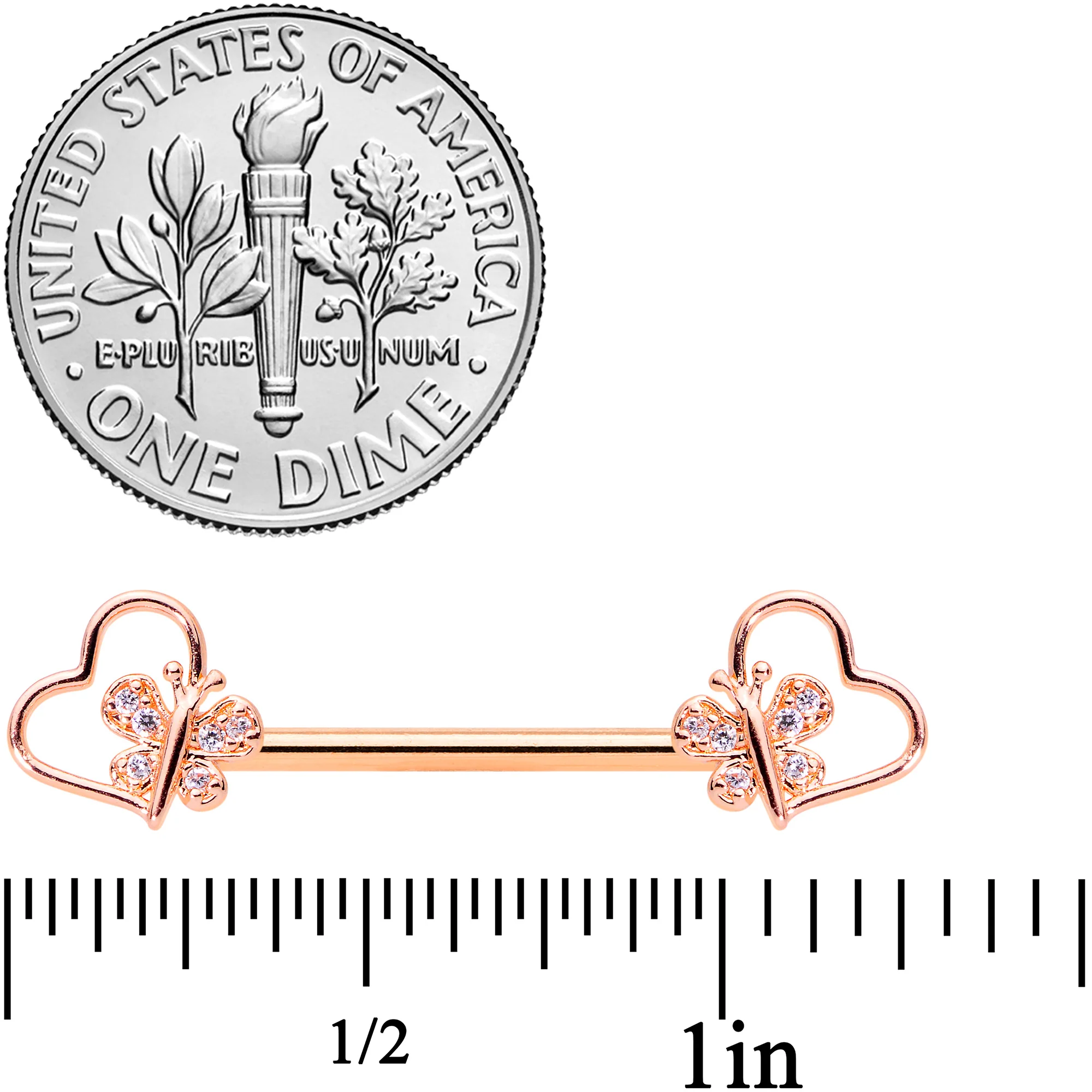 14G 9/16 Clear CZ Rose Gold Tone Heart Barbell Nipple Ring Set - Image 2