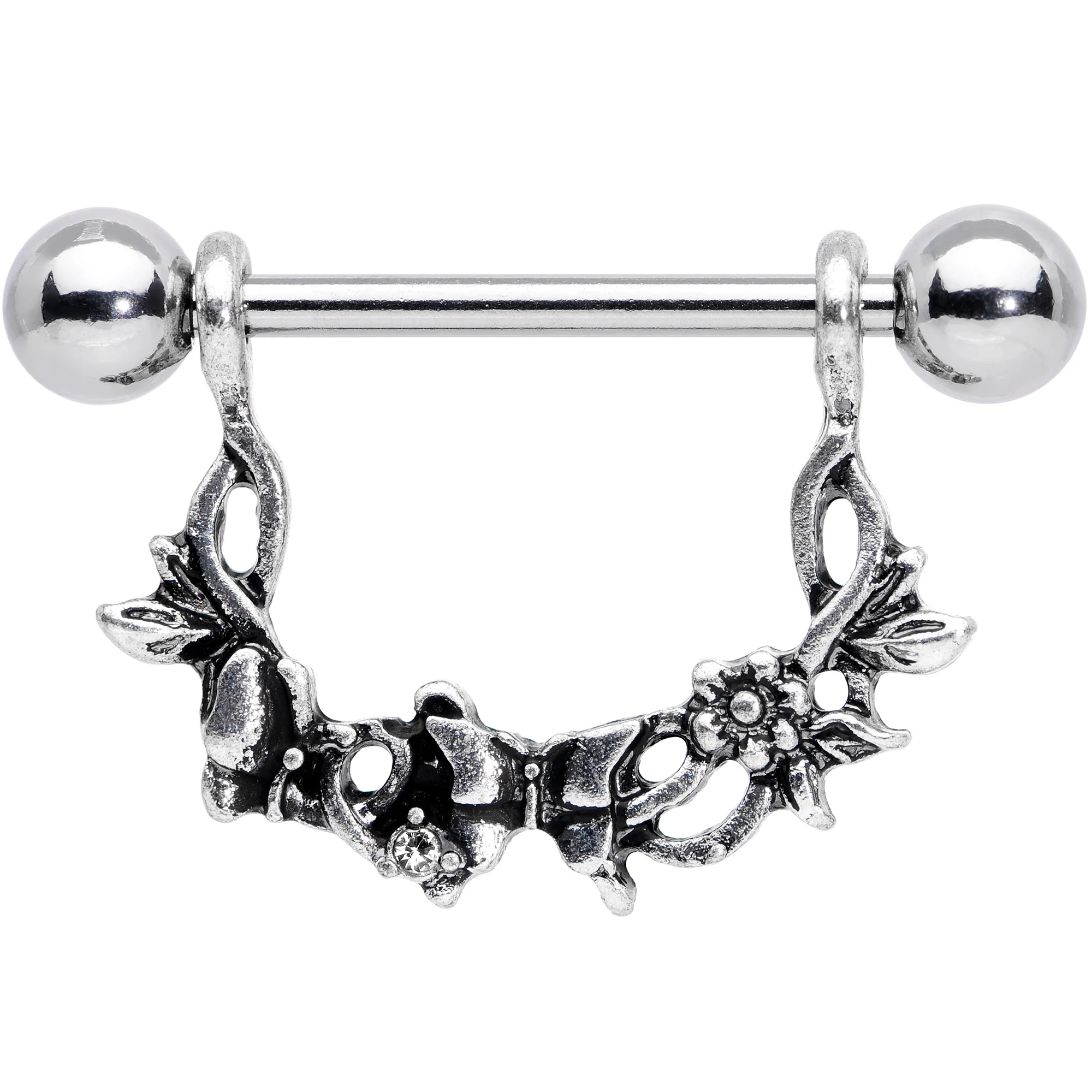 14G 9/16 Clear Gem Abstract Bow Butterfly Dangle Nipple Ring Set - Image 2