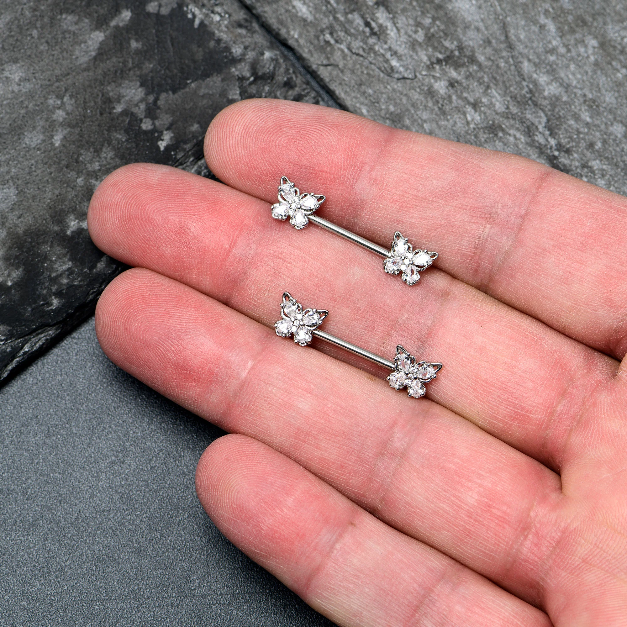 14G 9/16 Clear Gem Baroque Beauty Butterfly Barbell Nipple Ring Set - Image 2