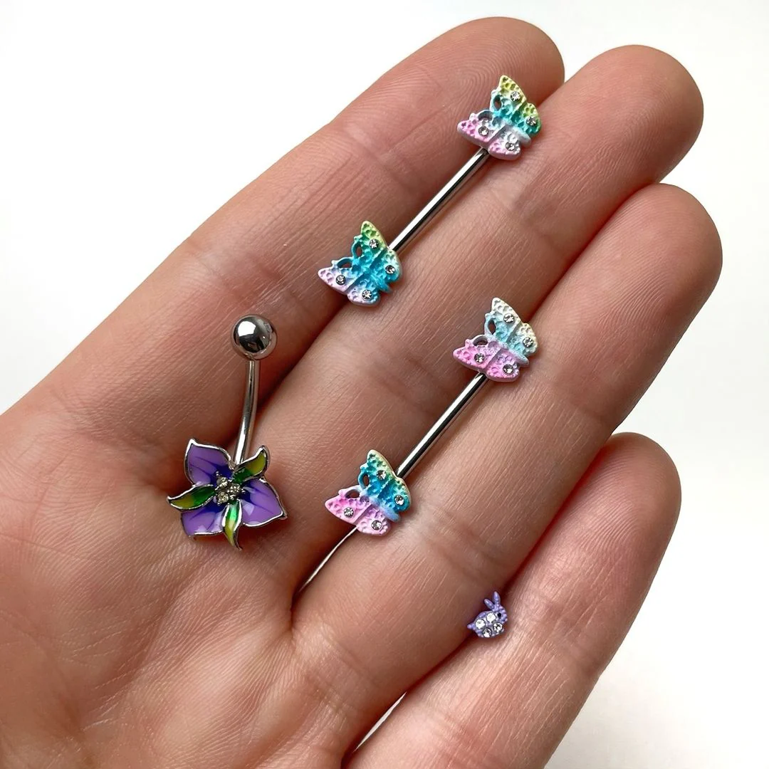 14G 9/16 Clear Gem Baroque Rainbow Butterfly Nipple Ring Set - Image 2