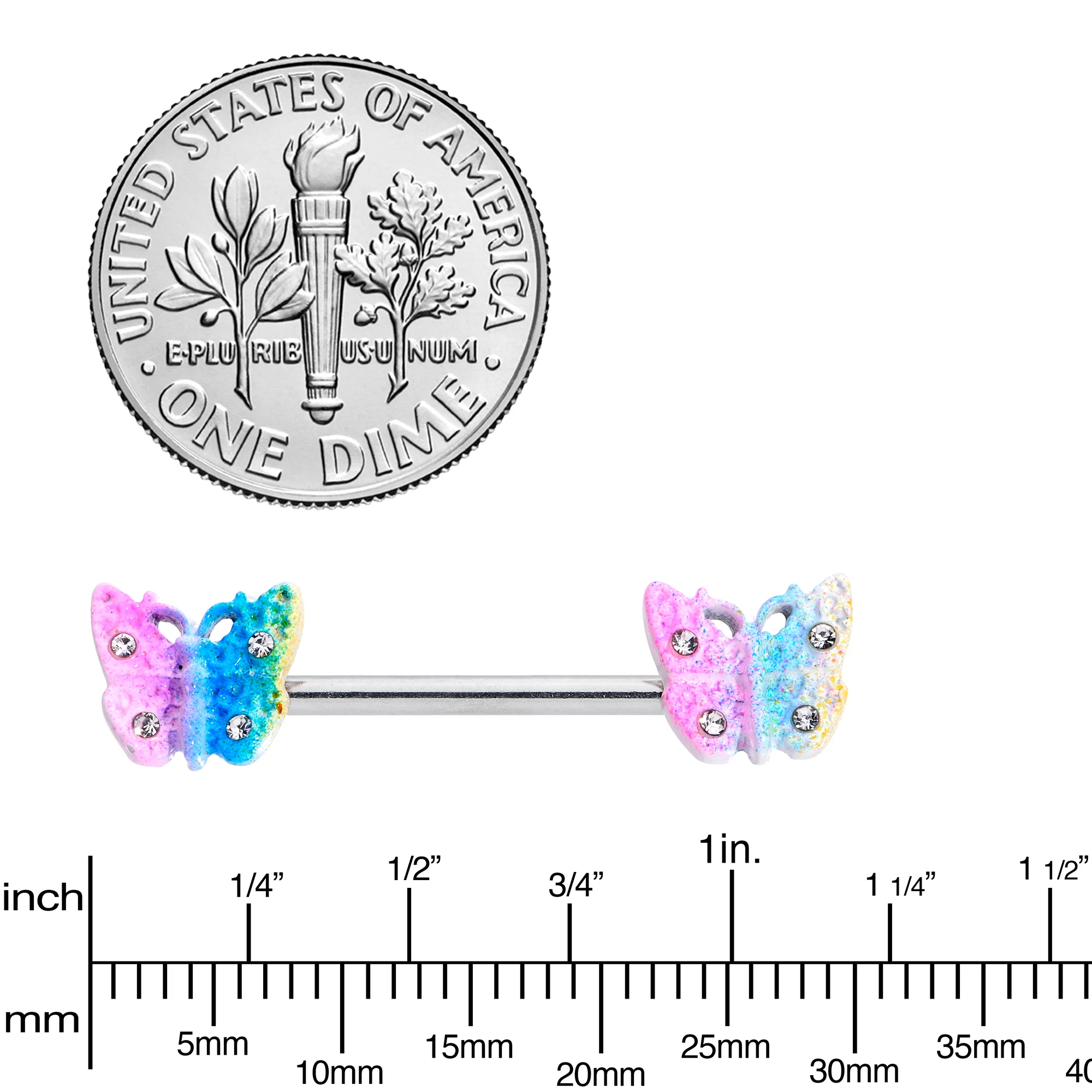 14G 9/16 Clear Gem Baroque Rainbow Butterfly Nipple Ring Set - Image 4