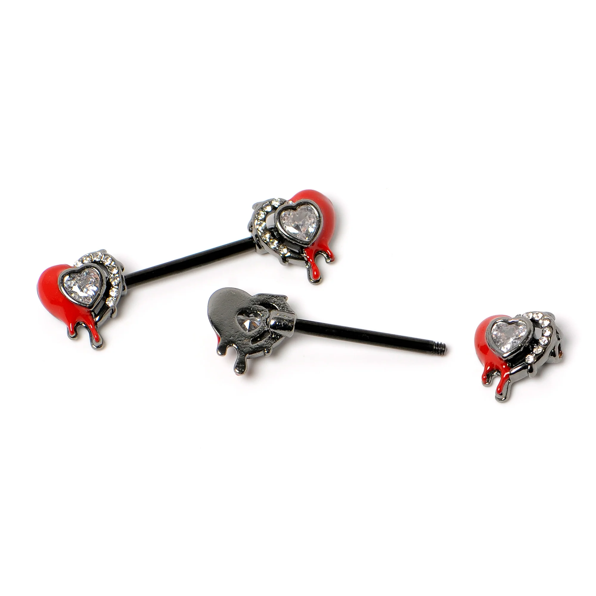 14G 9/16 Clear Gem Black Bleeding Heart Barbell Nipple Ring Set - Image 5