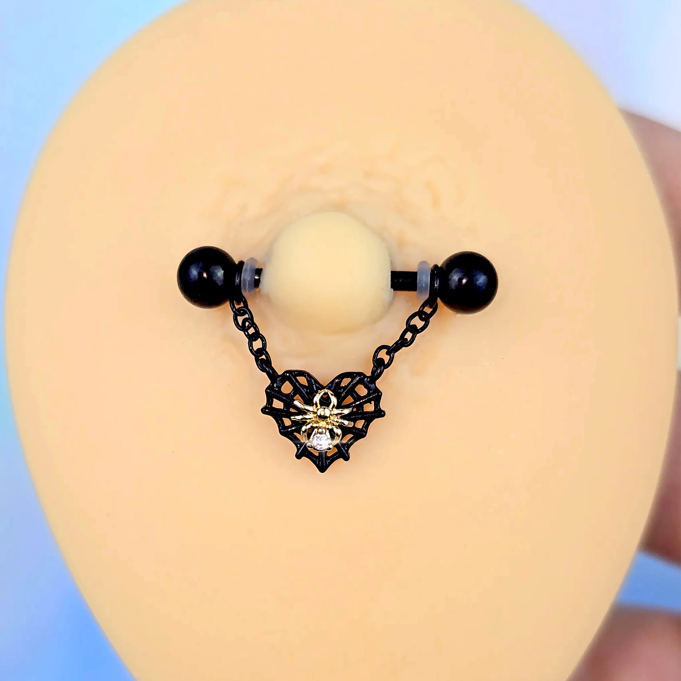14G 9/16 Clear Gem Black Golden Spider Web Dangle Nipple Ring Set - Image 2