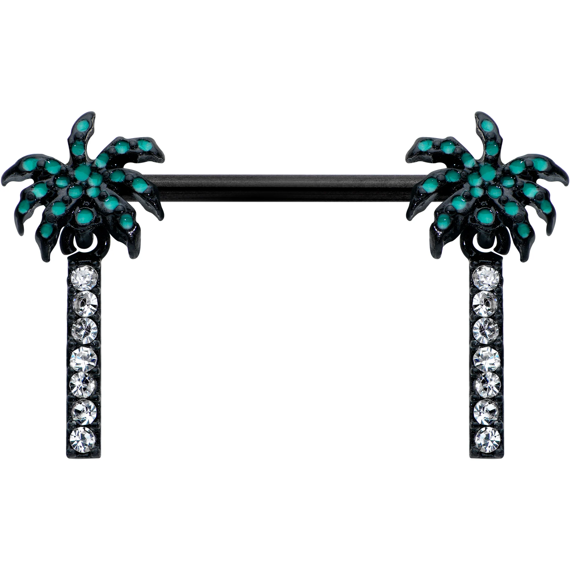 14G 9/16 Clear Gem Black Night Palm Tree Dangle Nipple Ring Set - Image 2