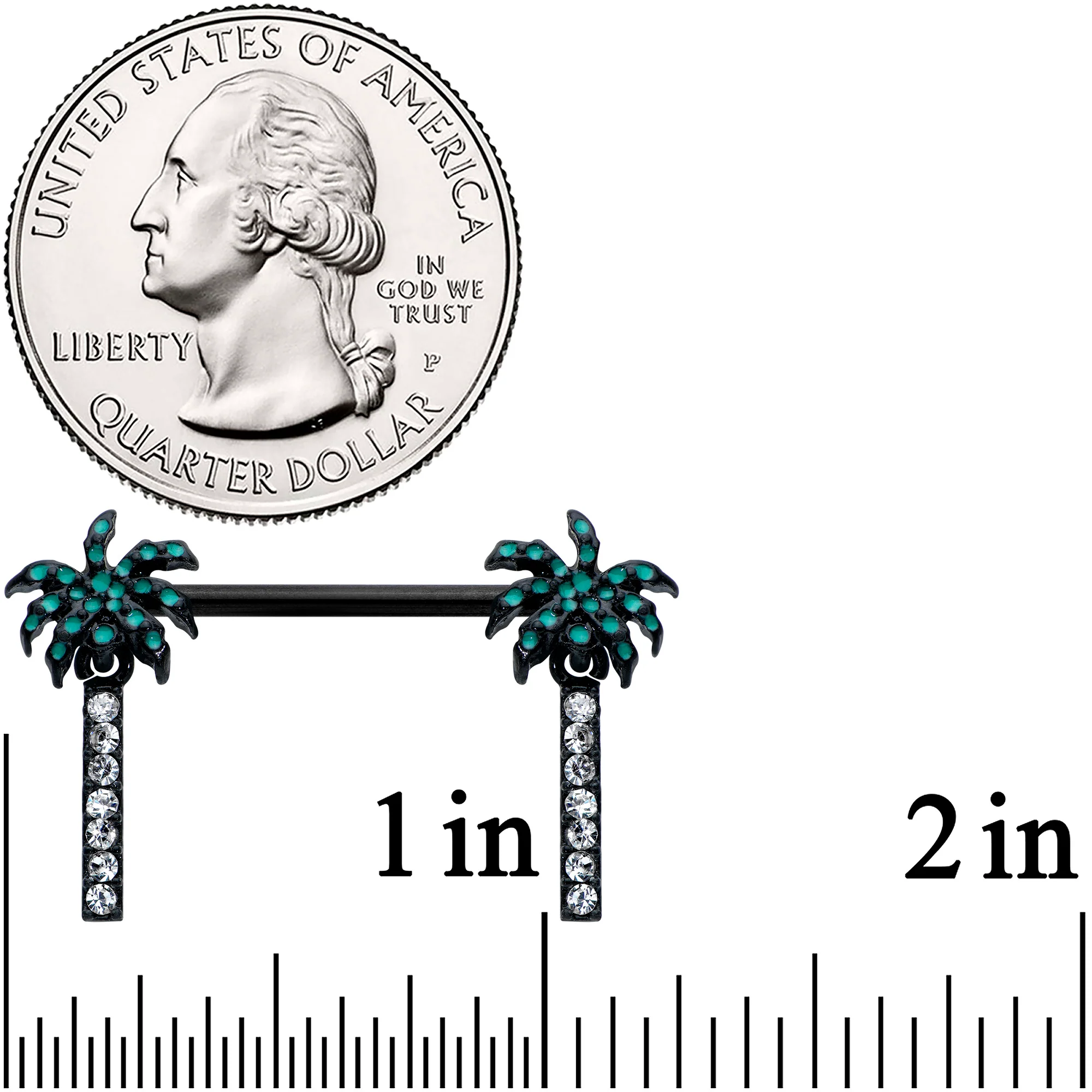 14G 9/16 Clear Gem Black Night Palm Tree Dangle Nipple Ring Set - Image 3