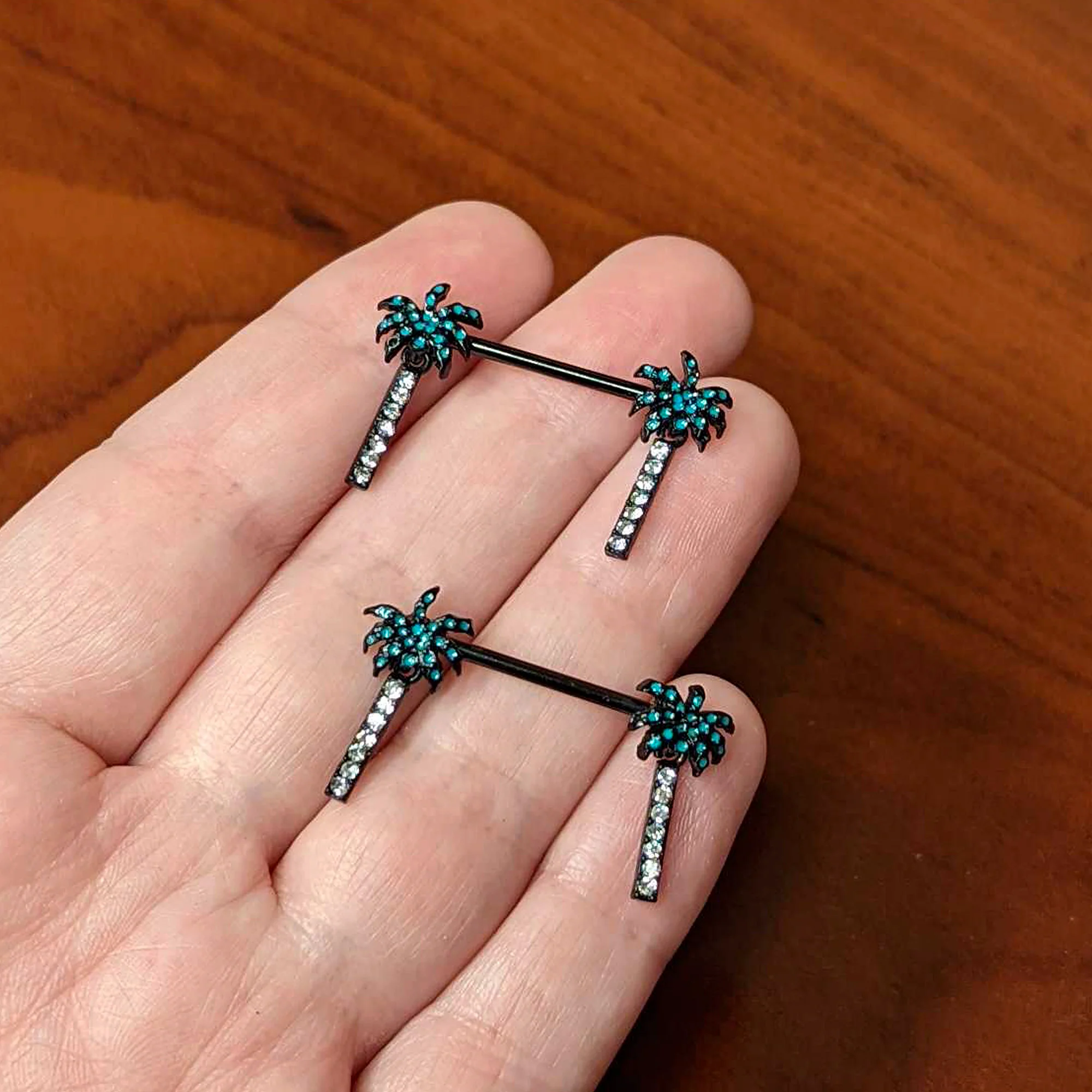 14G 9/16 Clear Gem Black Night Palm Tree Dangle Nipple Ring Set - Image 4