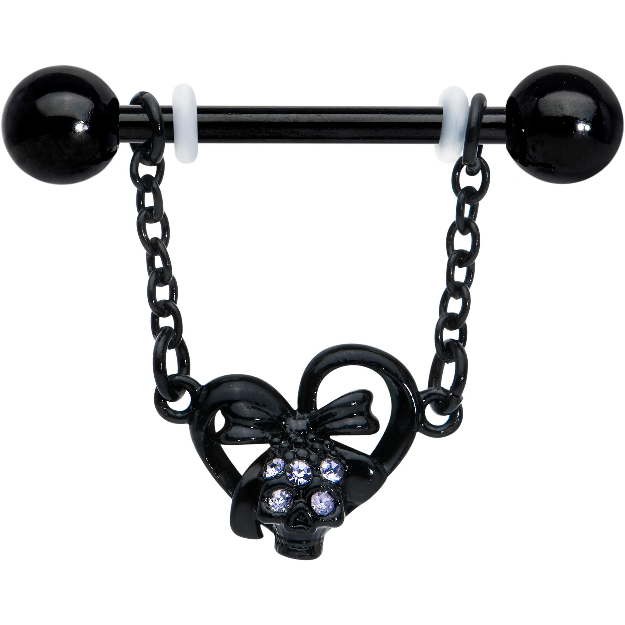 14G 9/16 Clear Gem Black Skull Bow Heart Dangle Nipple Ring Set - Image 2