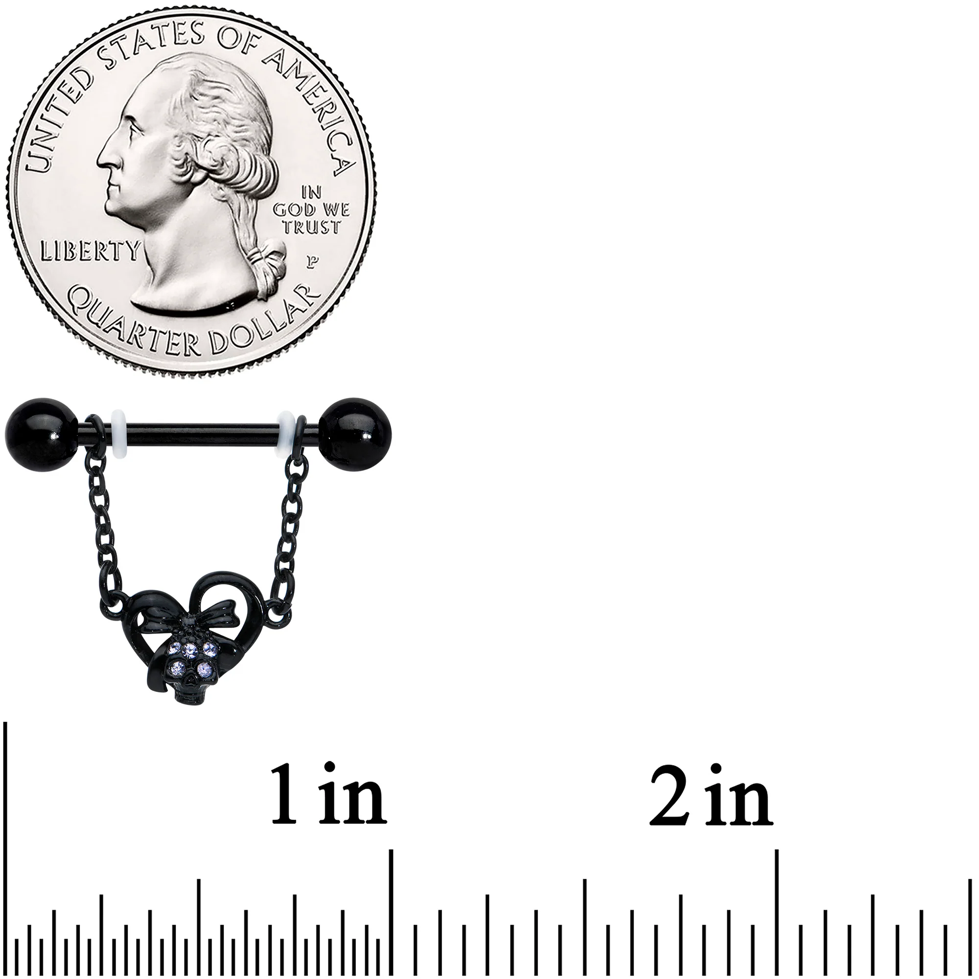 14G 9/16 Clear Gem Black Skull Bow Heart Dangle Nipple Ring Set - Image 3