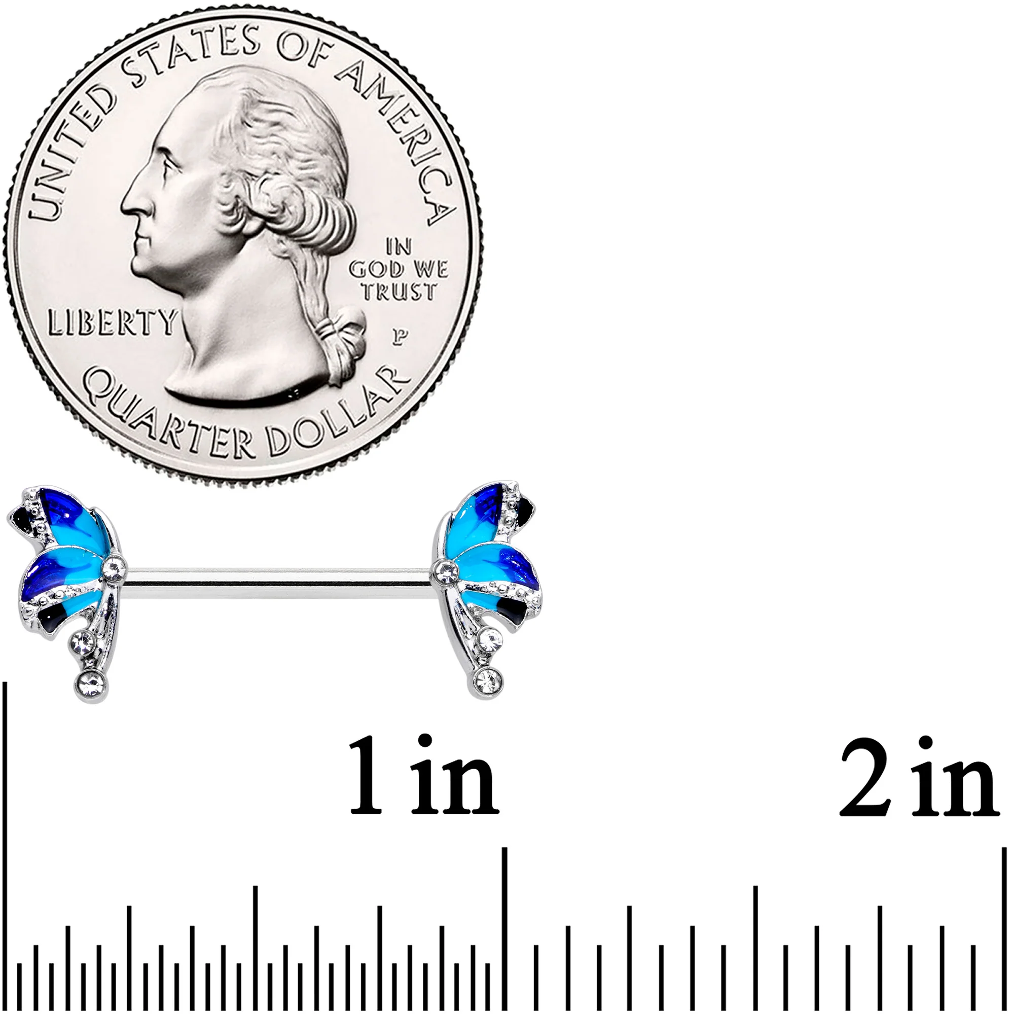 14G 9/16 Clear Gem Blue Butterfly Barbell Nipple Ring Set - Image 2