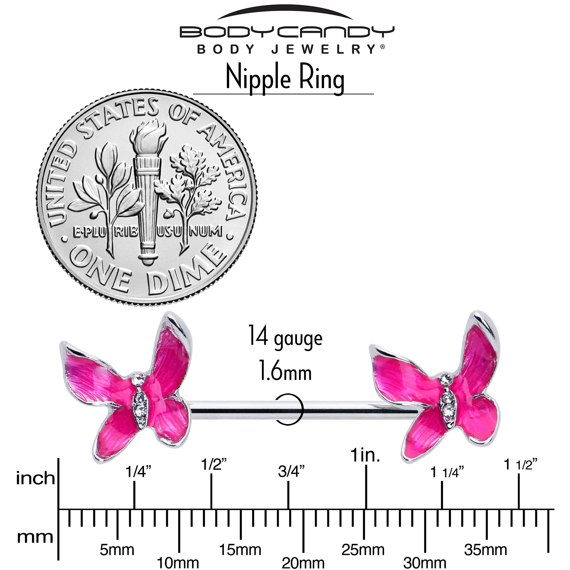 14G 9/16 Clear Gem Chunky Butterfly Pink Barbell Nipple Ring Set - Image 4