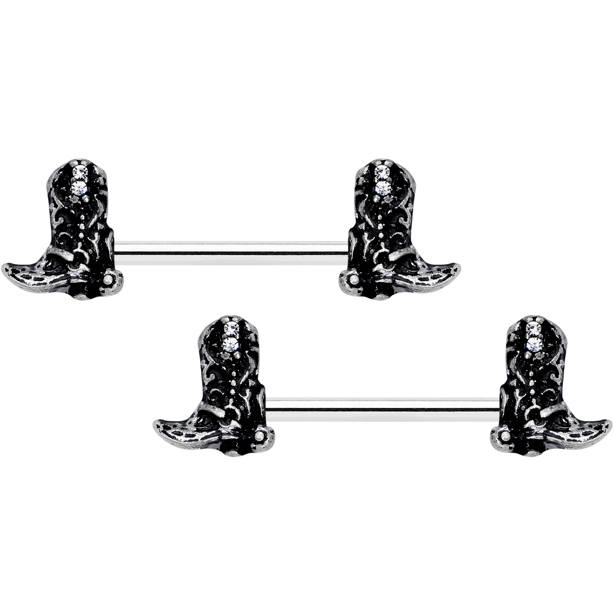 14G 9/16 Clear Gem Cowboy Boot Barbell Nipple Ring Set