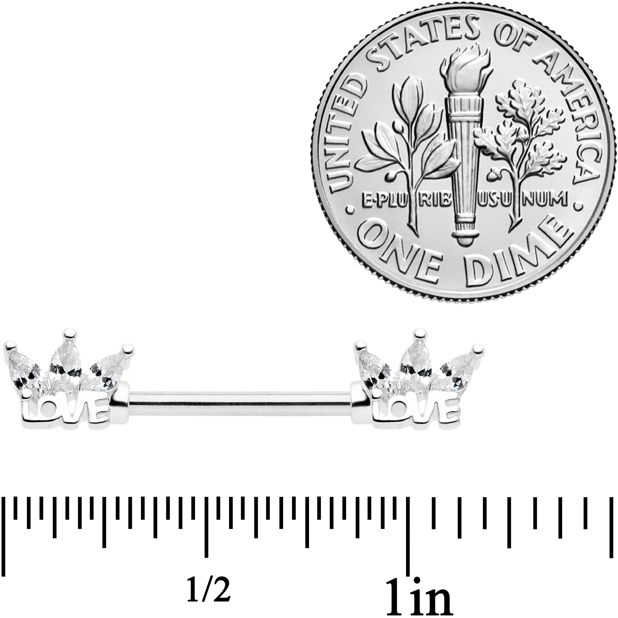 14G 9/16 Clear Gem Crown of Love Barbell Nipple Ring Set - Image 2