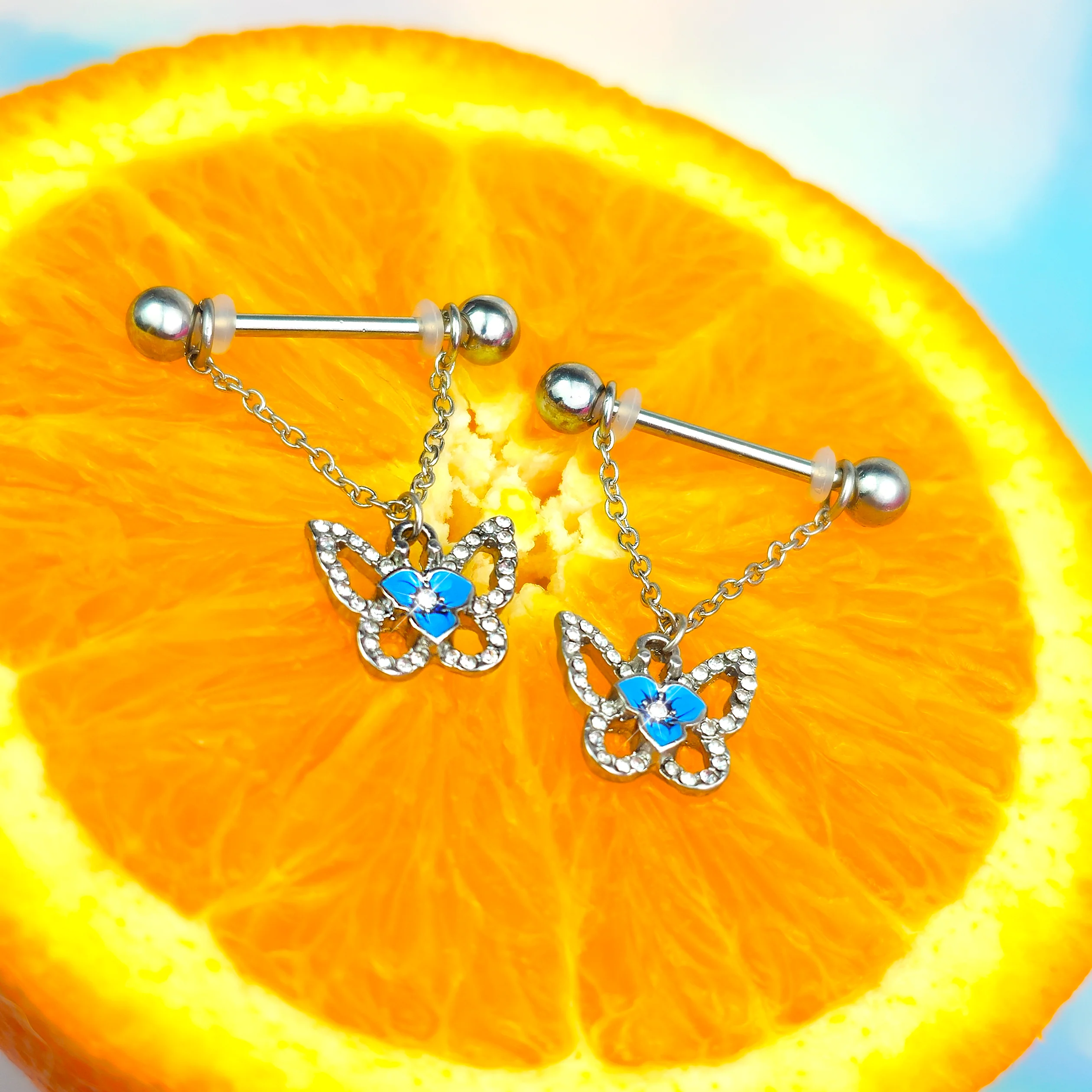 14G 9/16 Clear Gem Fabulous Butterfly Blue Dangle Nipple Ring Set - Image 2