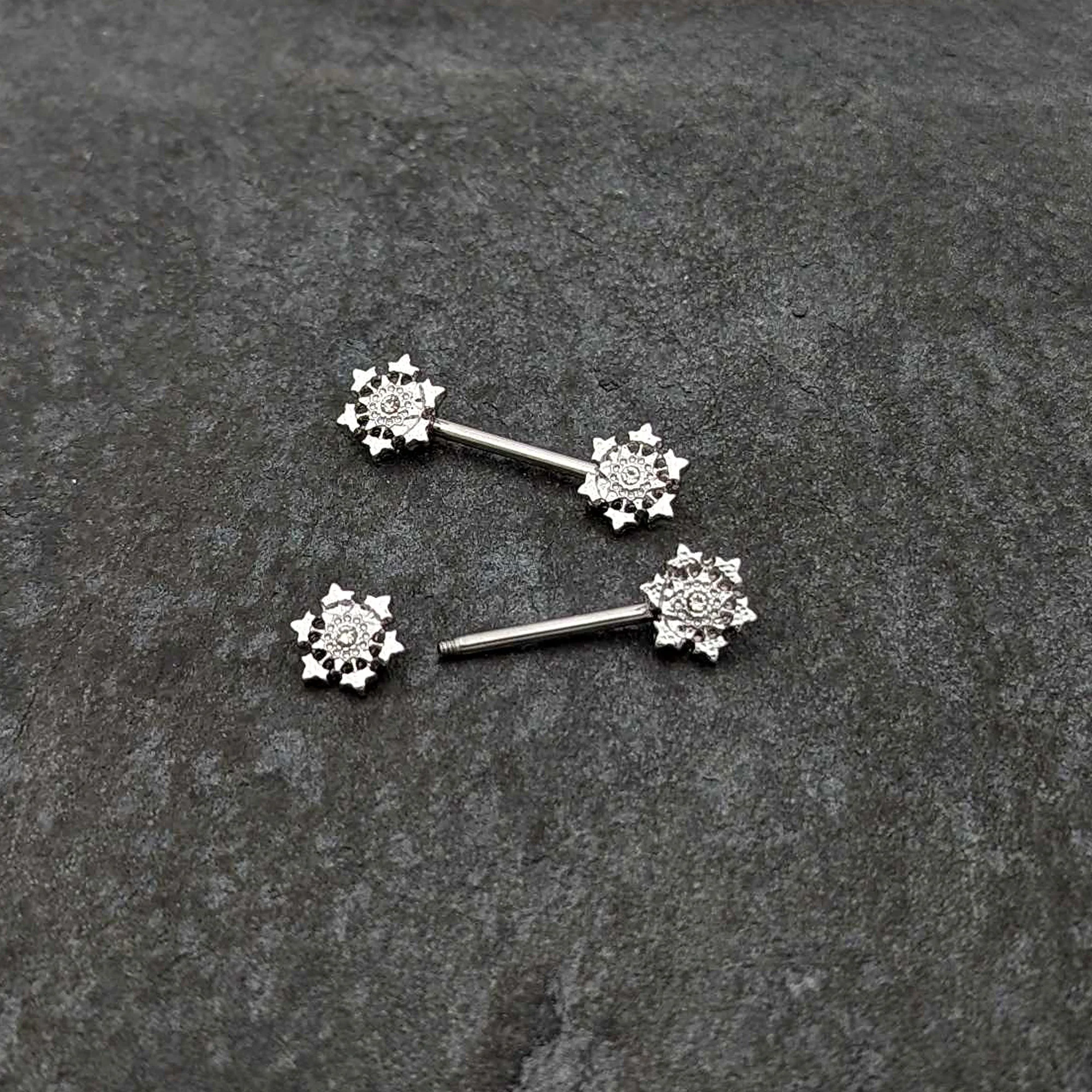 14G 9/16 Clear Gem Filigree Winter Snowflake Nipple Ring Set - Image 5