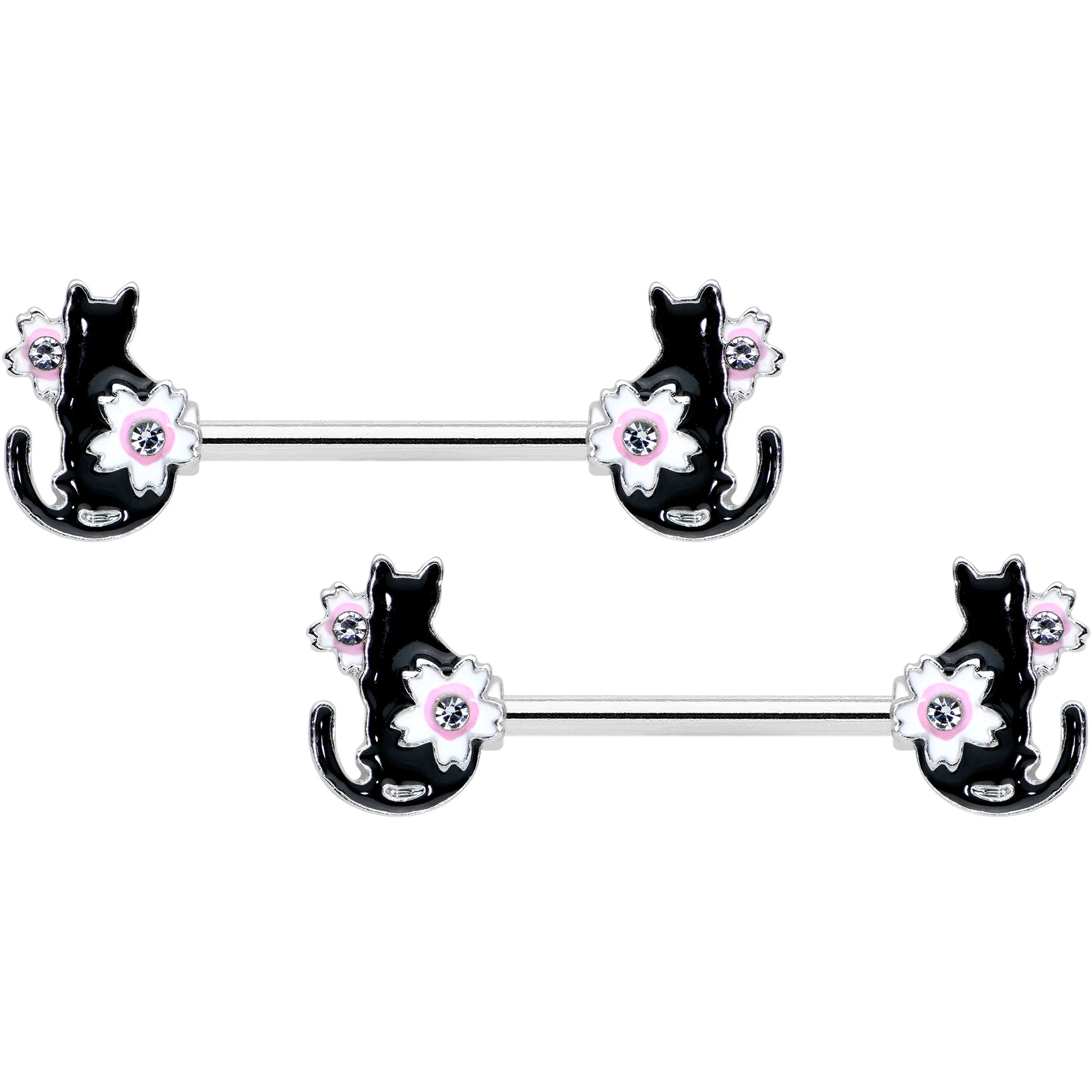 14G 9/16 Clear Gem Flowers Black Cat Barbell Nipple Ring Set