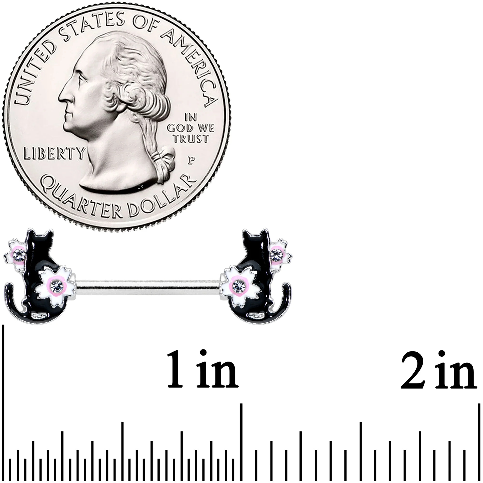 14G 9/16 Clear Gem Flowers Black Cat Barbell Nipple Ring Set - Image 2